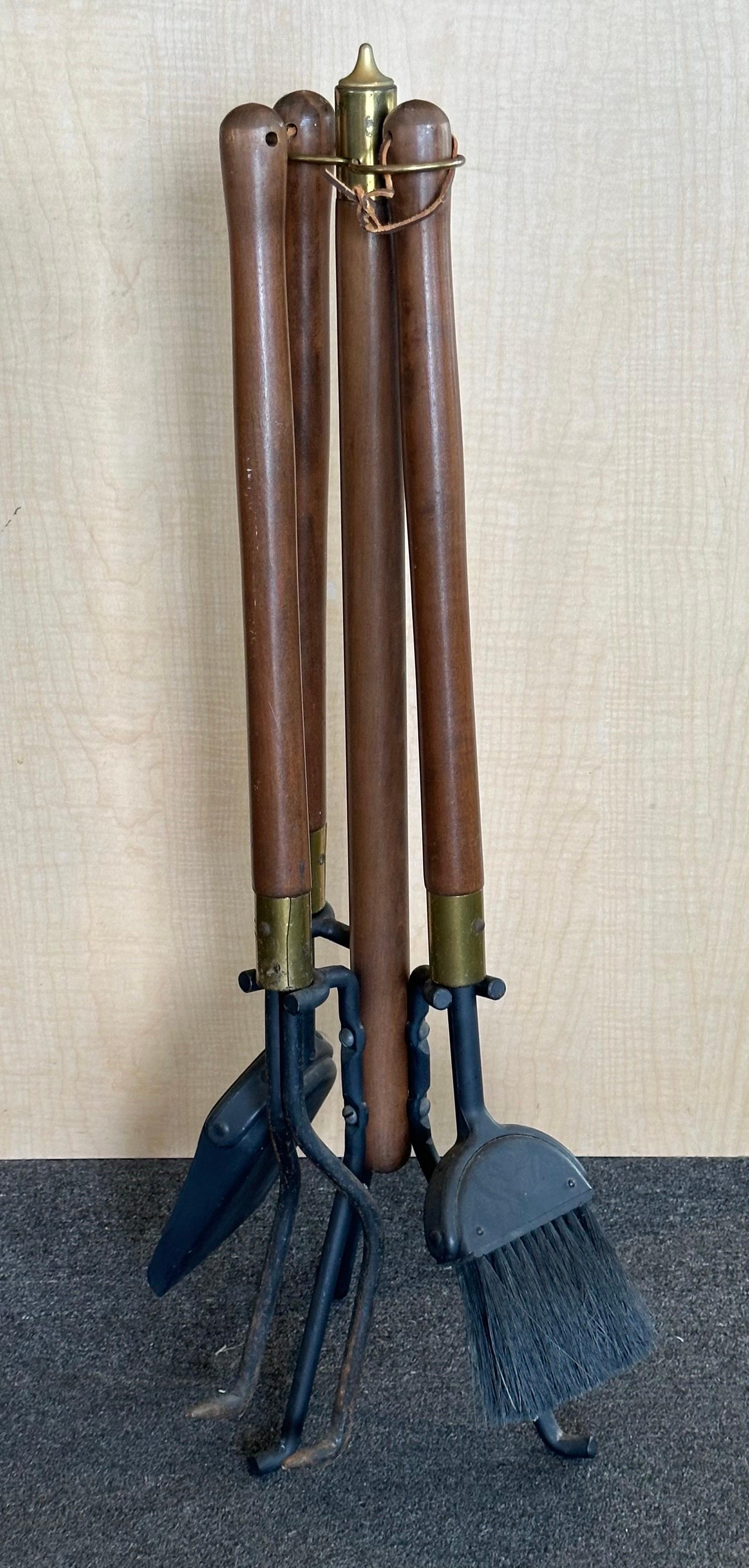 Modernist Set of Fire Place Tools in Iron, Walnut and Brass by Seymour Mfg In Fair Condition For Sale In San Diego, CA