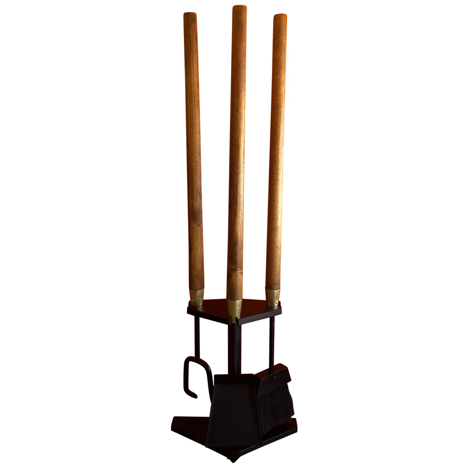 Modernist Set of Fire Place Tools in Iron, Walnut and Brass by Seymour Mfg
