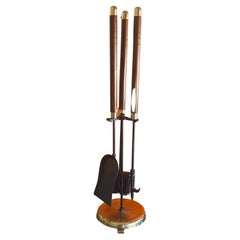 Modernist Set of Fire Place Tools in Iron, Walnut and Brass