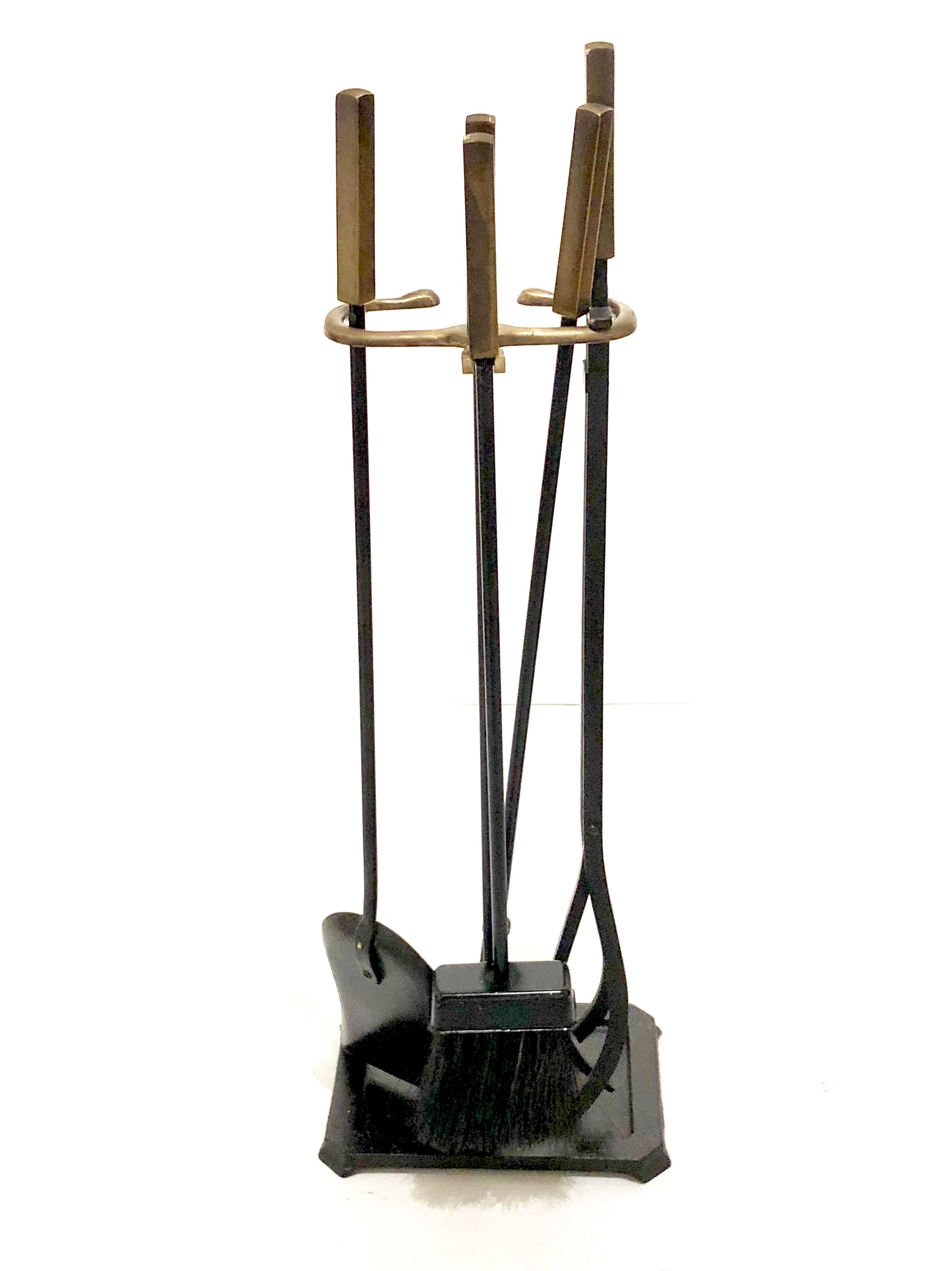 Mid-Century Modern Modernist Set of Fire Place Tools in Patinated Brass and Iron