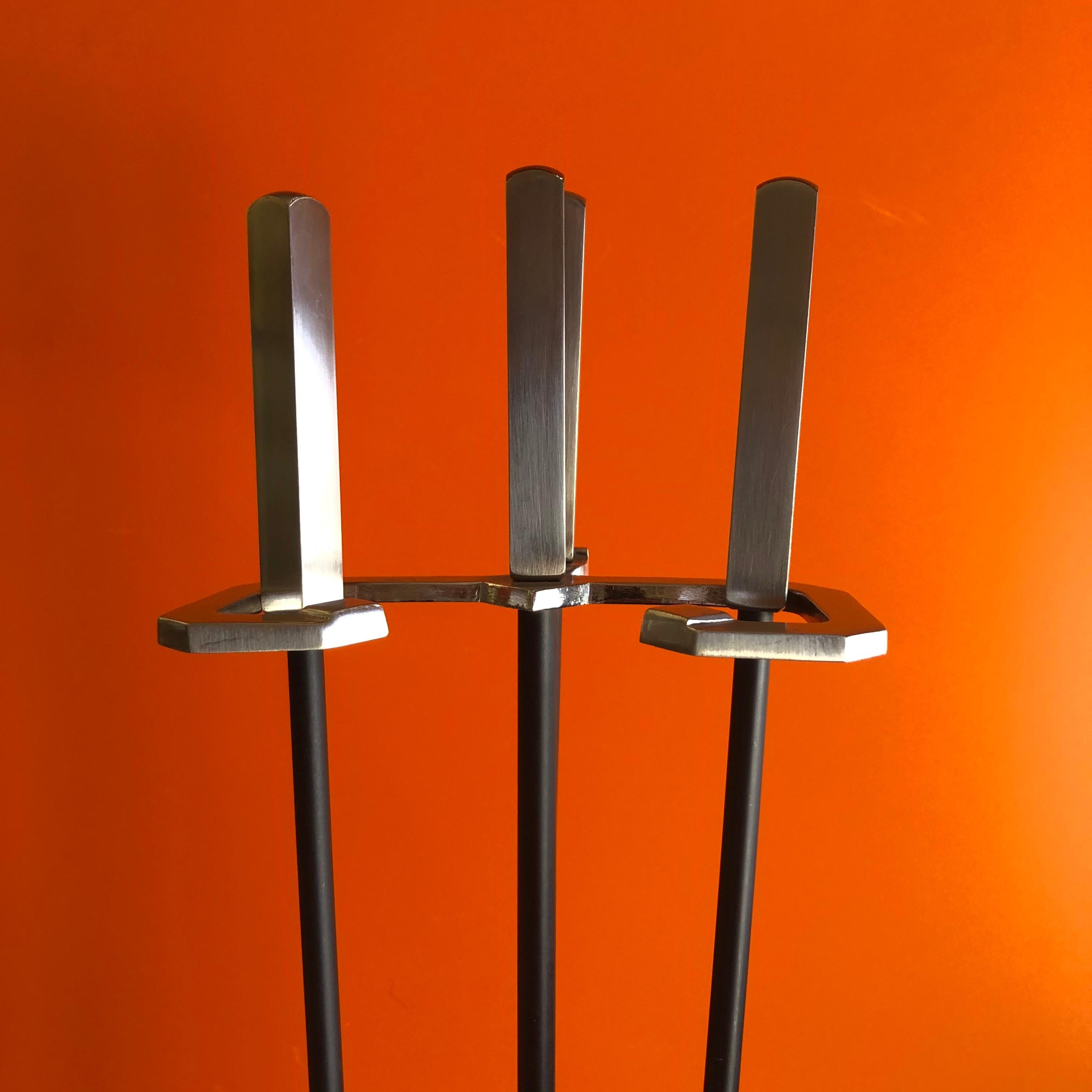 American Modernist Set of Fire Place Tools with Stainless Steel Handles