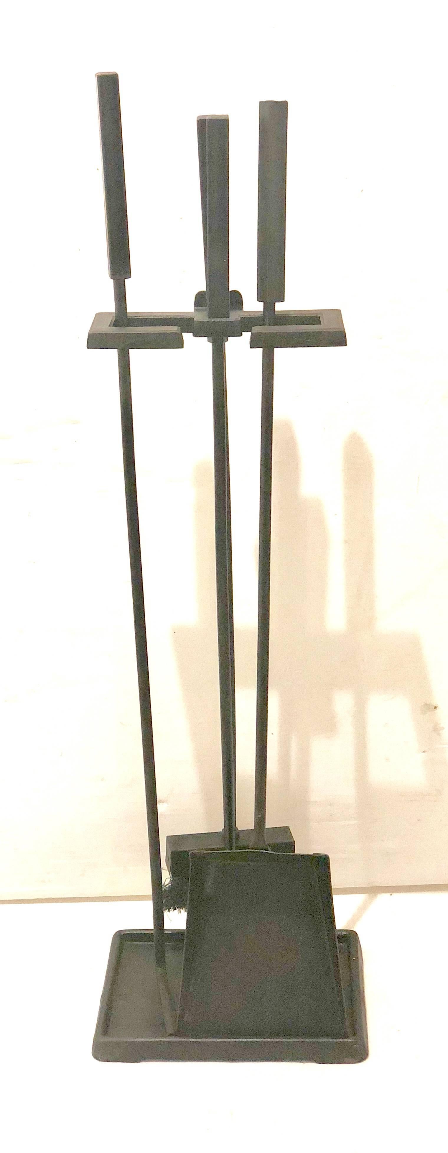 Mid-Century Modern Modernist Set of Fireplace Tools in Patinated Black Iron