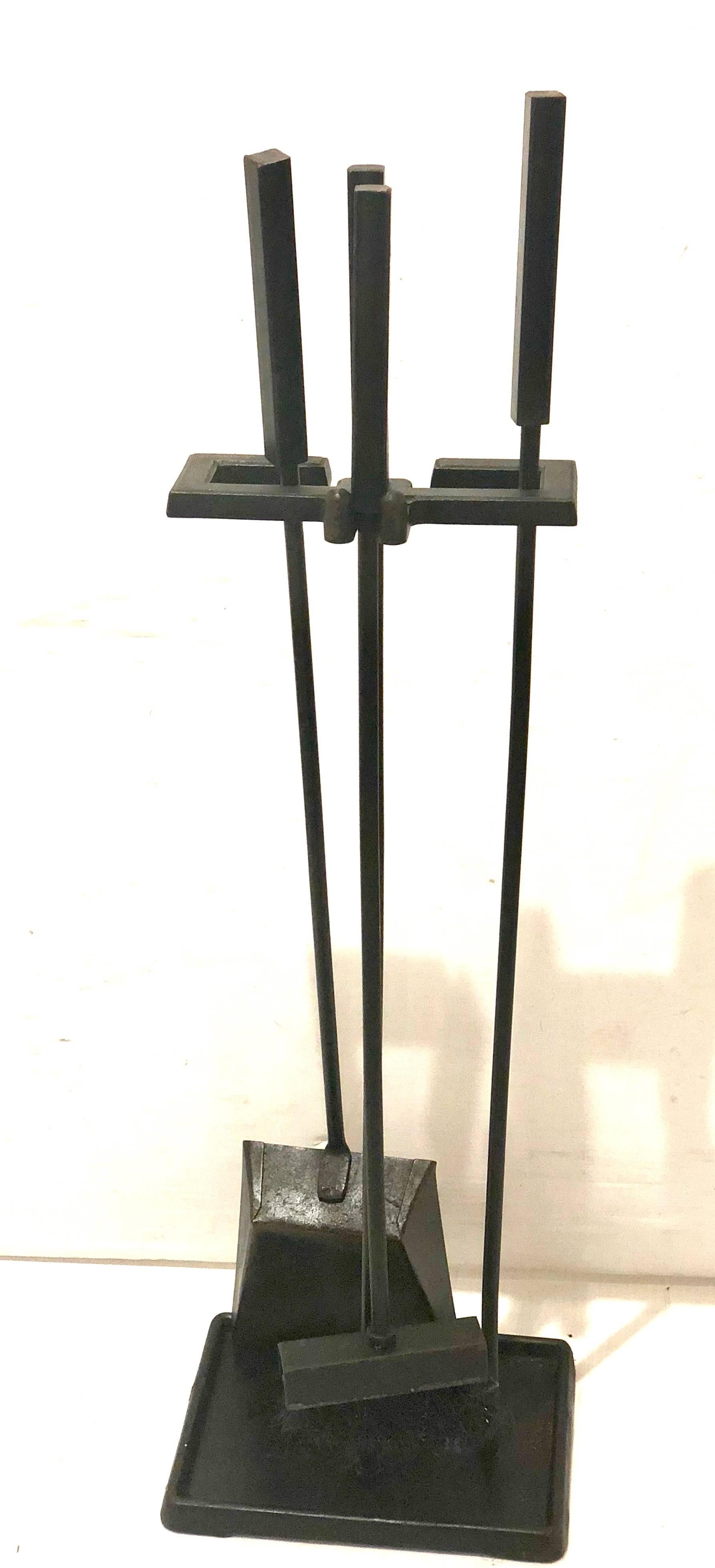 American Modernist Set of Fireplace Tools in Patinated Black Iron