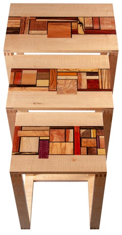 Modernist Set of Mondrian Inspired Mosaic Inlaid Maple Rectangular Nested Tables