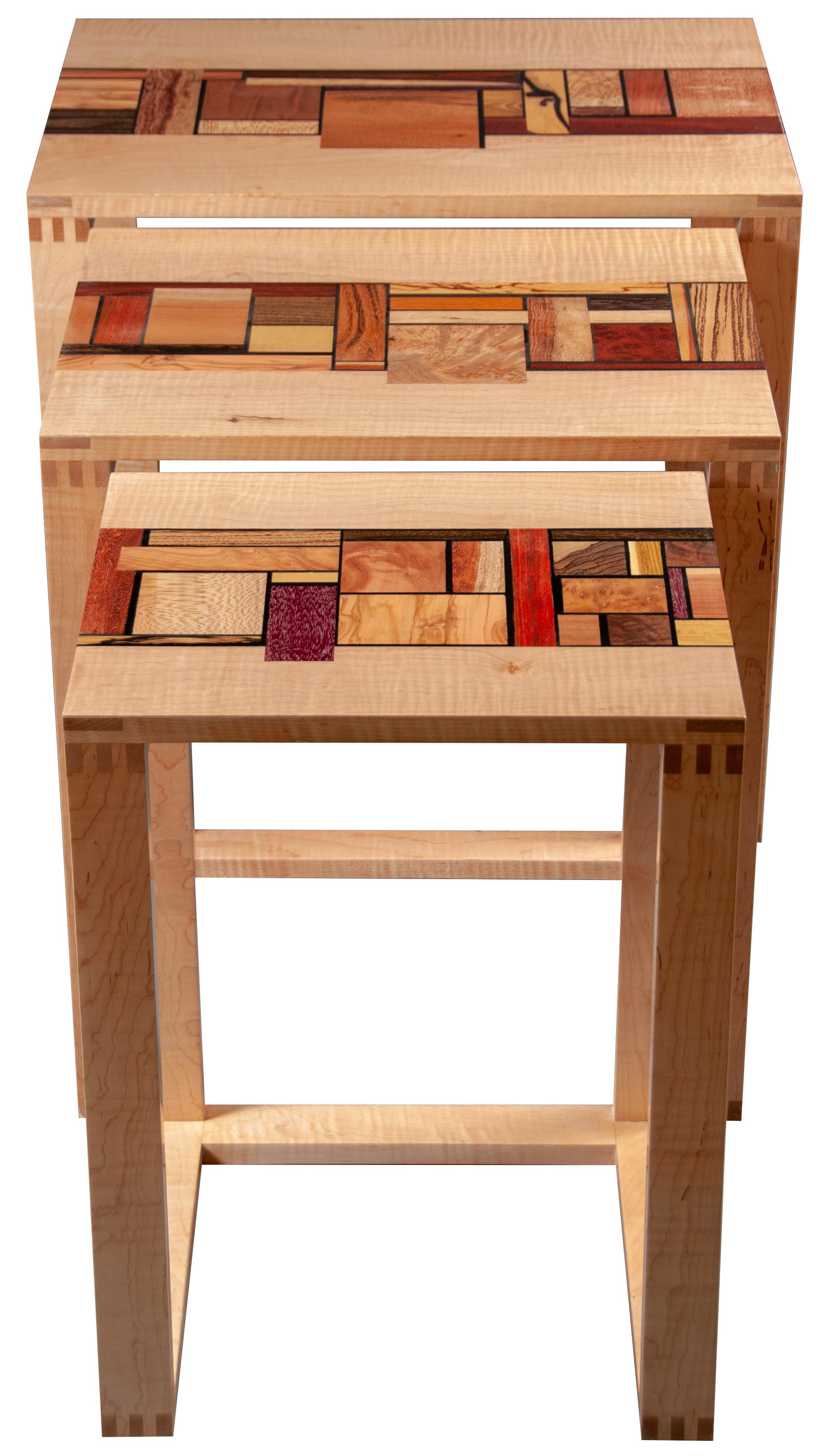 American Modernist Set of Mondrian Inspired Mosaic Inlaid Maple Rectangular Nested Tables For Sale