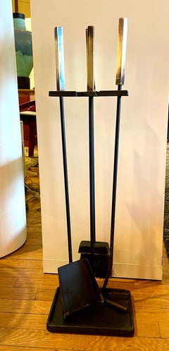 Modernist Set of Patinated Brass and Iron Firetools Set