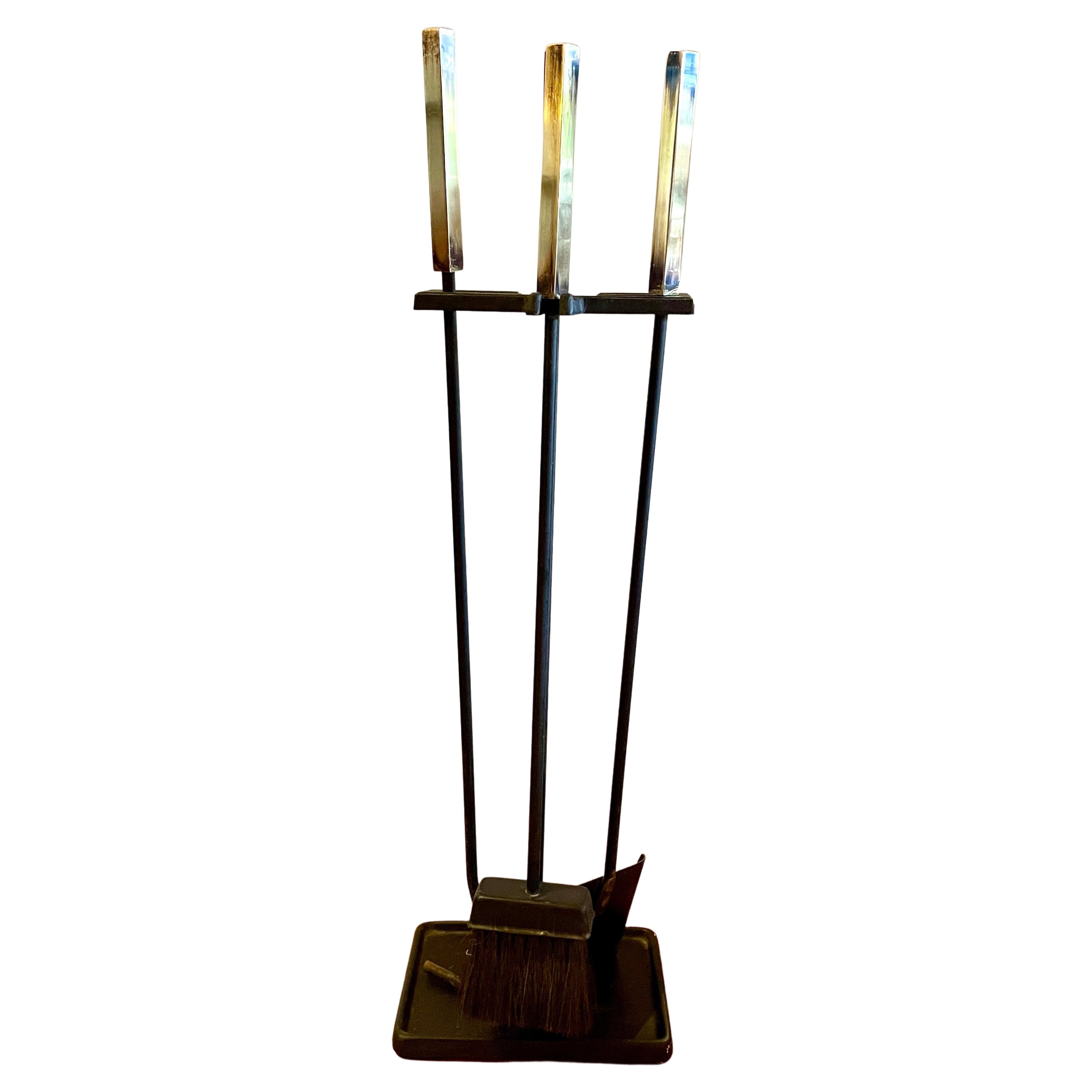 Modernist Set of Patinated Brass and Iron Firetools Set For Sale