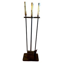 Modernist Set of Patinated Brass and Iron Firetools Set