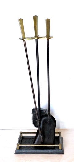 Modernist Set of Patinated Brass and Iron Firetools Set