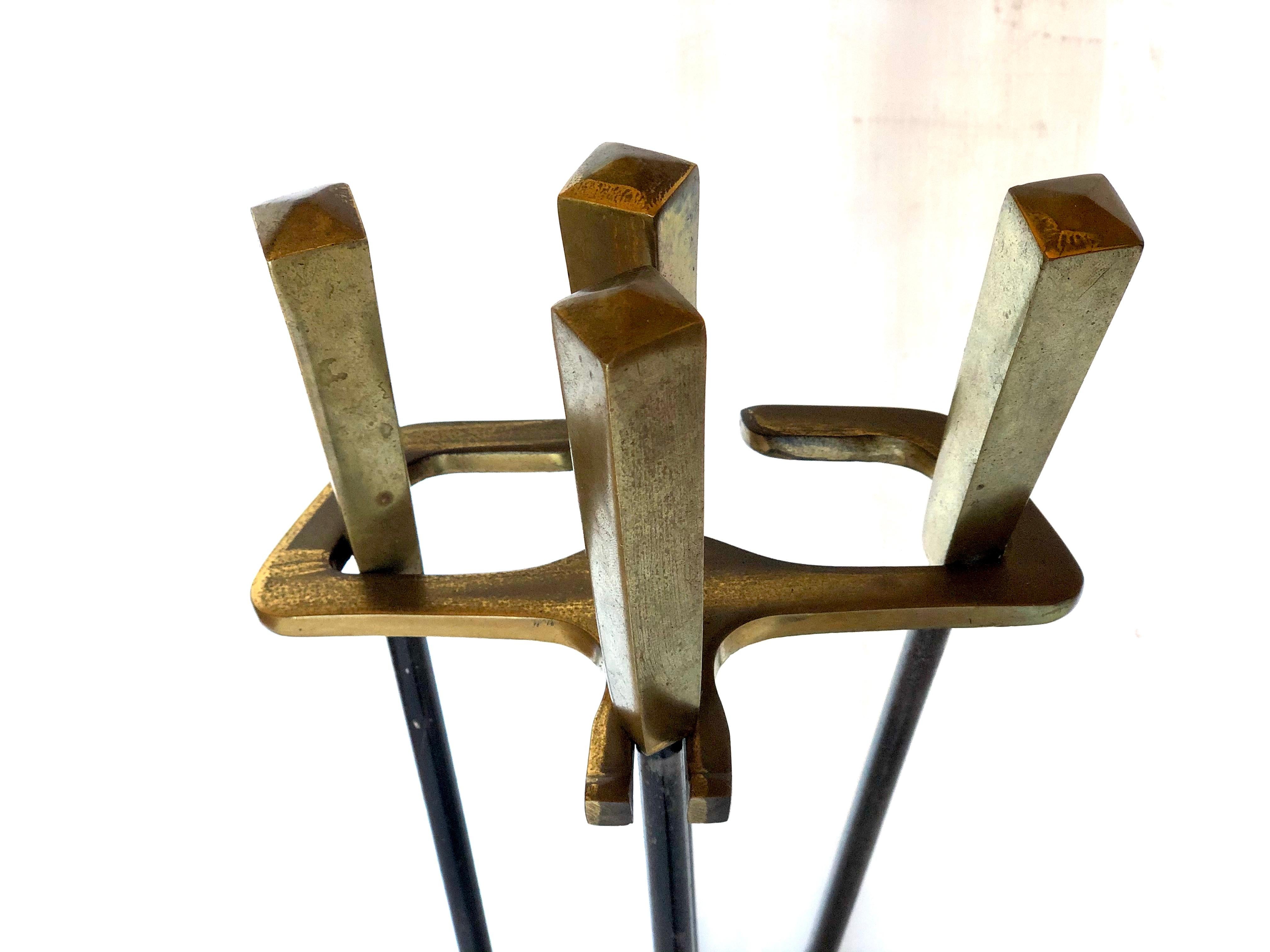 American Modernist Set of Patinated Brass and Iron Firetools Set