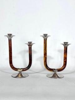Modernist Set of Two Tortoise Plexiglass Double Candle Holders, Italy, 1970s
