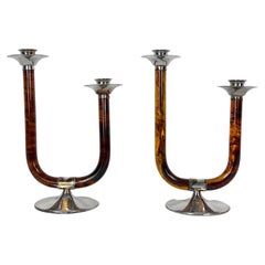 Modernist Set of Two Tortoise Plexiglass Double Candle Holders, Italy, 1970s