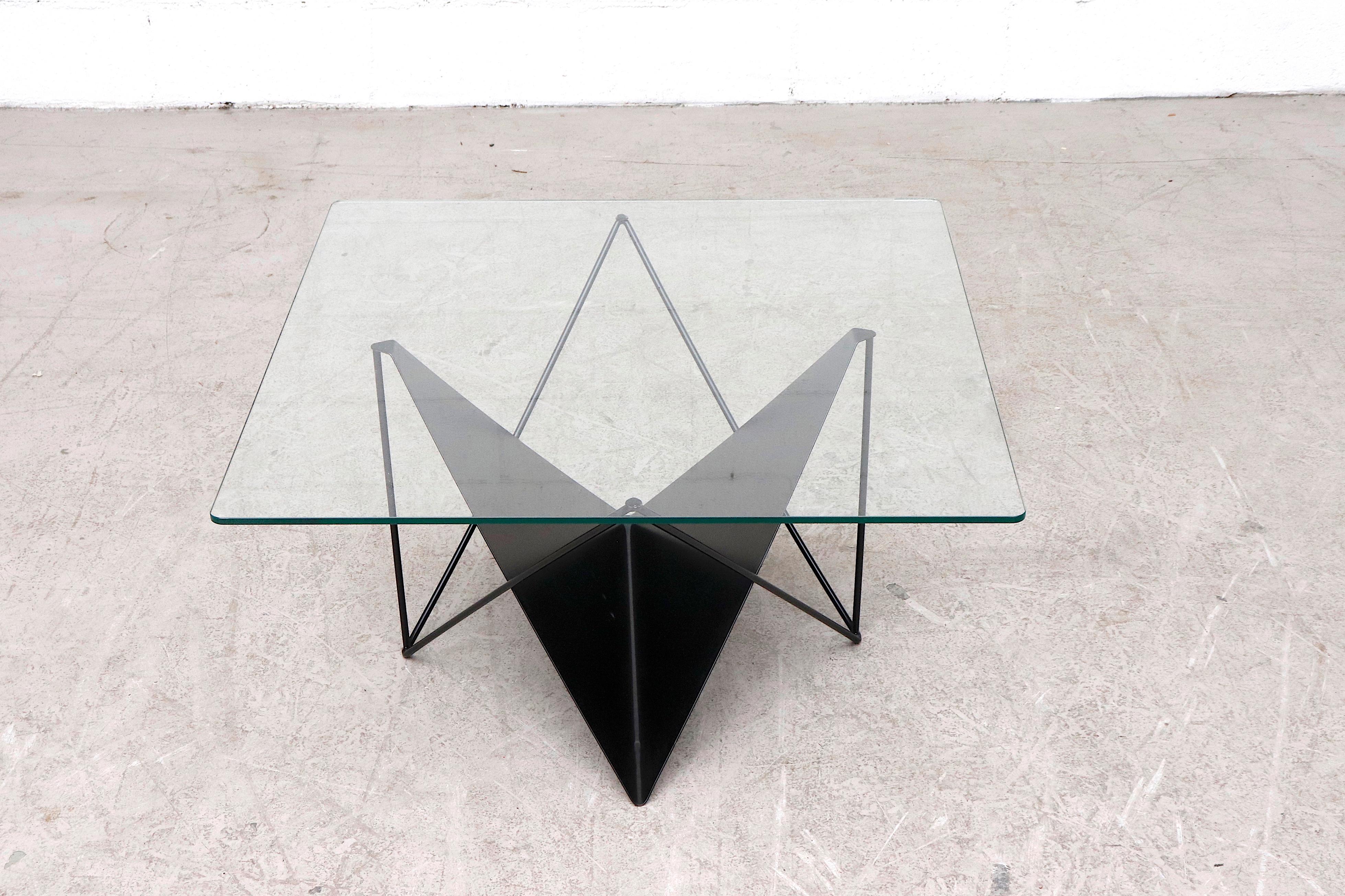 Dutch Modernist Black Metal and Glass Side or Coffee Table with Magazine Rack For Sale