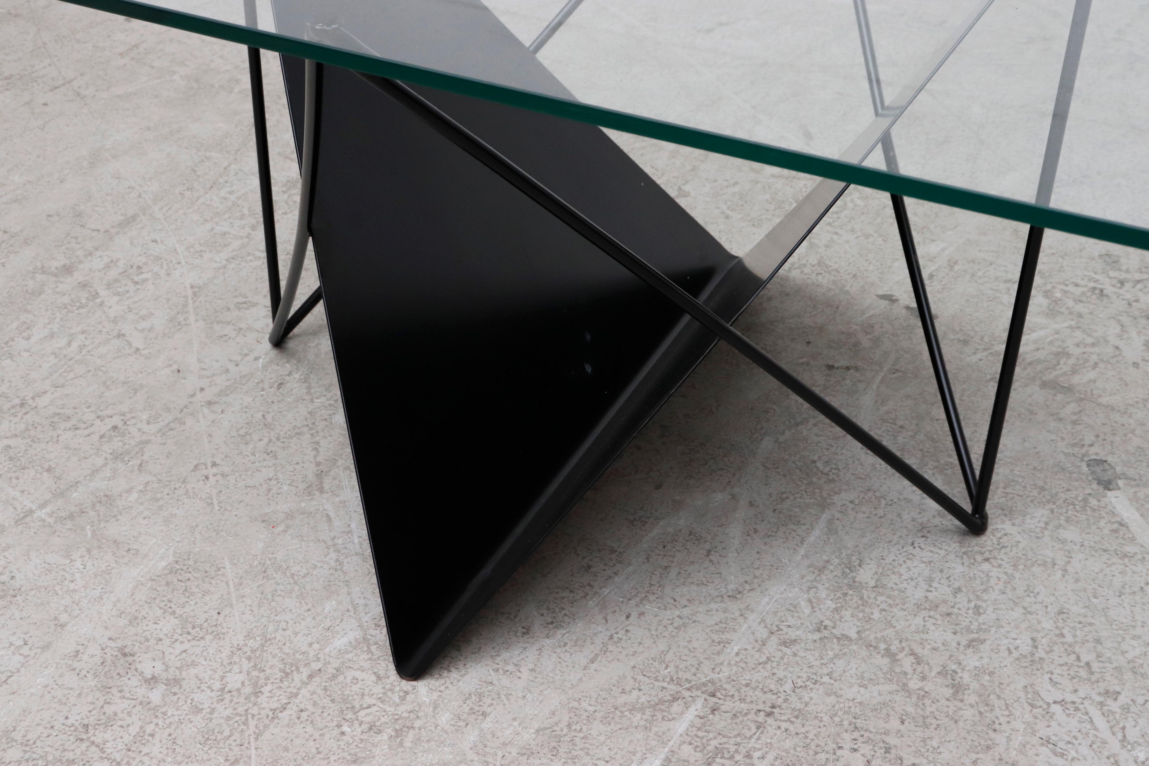 Enameled Modernist Black Metal and Glass Side or Coffee Table with Magazine Rack For Sale