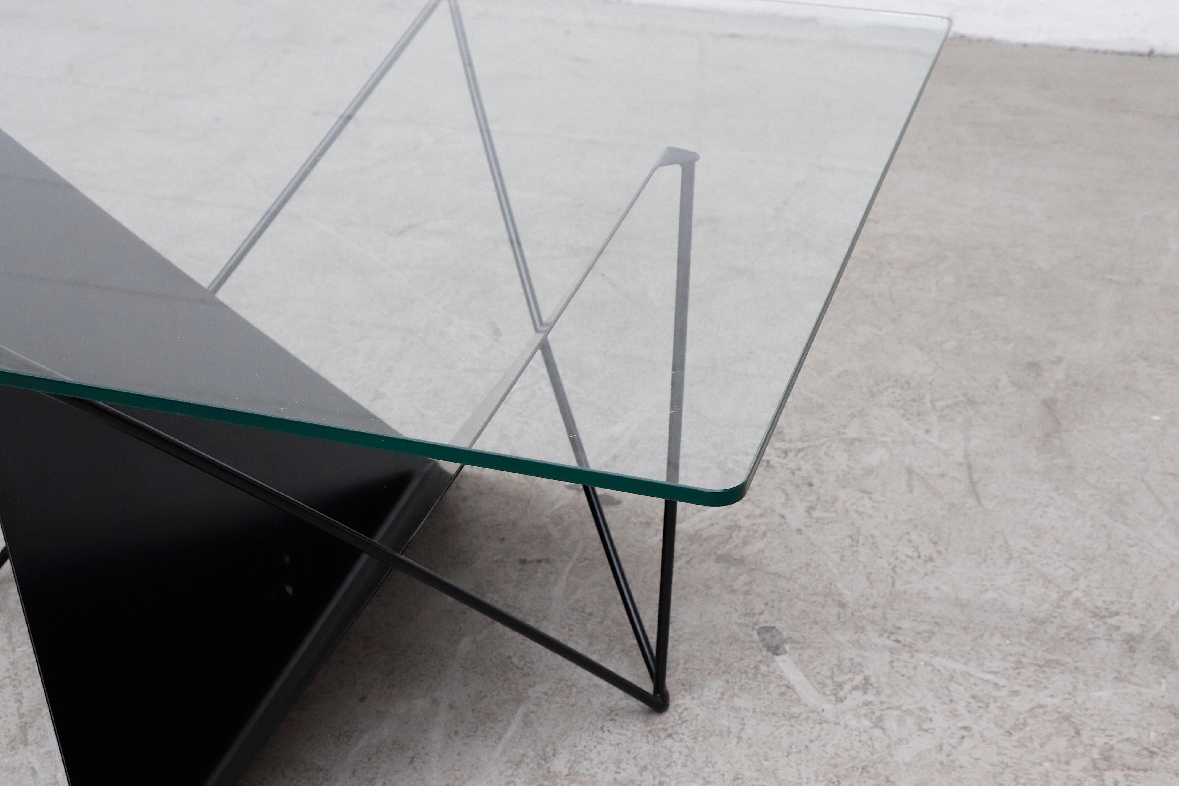 Modernist Black Metal and Glass Side or Coffee Table with Magazine Rack In Good Condition For Sale In Los Angeles, CA