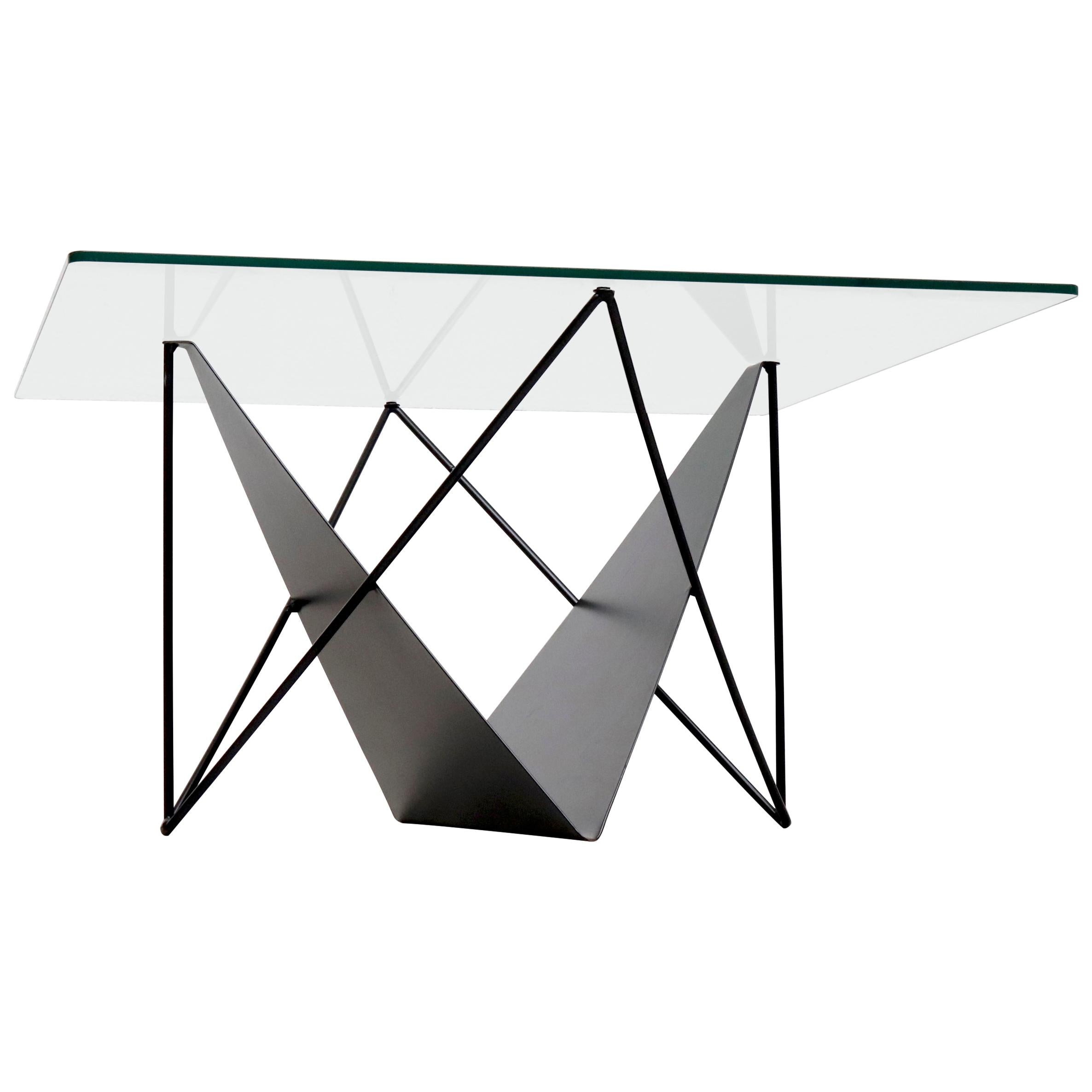 Modernist Black Metal and Glass Side or Coffee Table with Magazine Rack For Sale