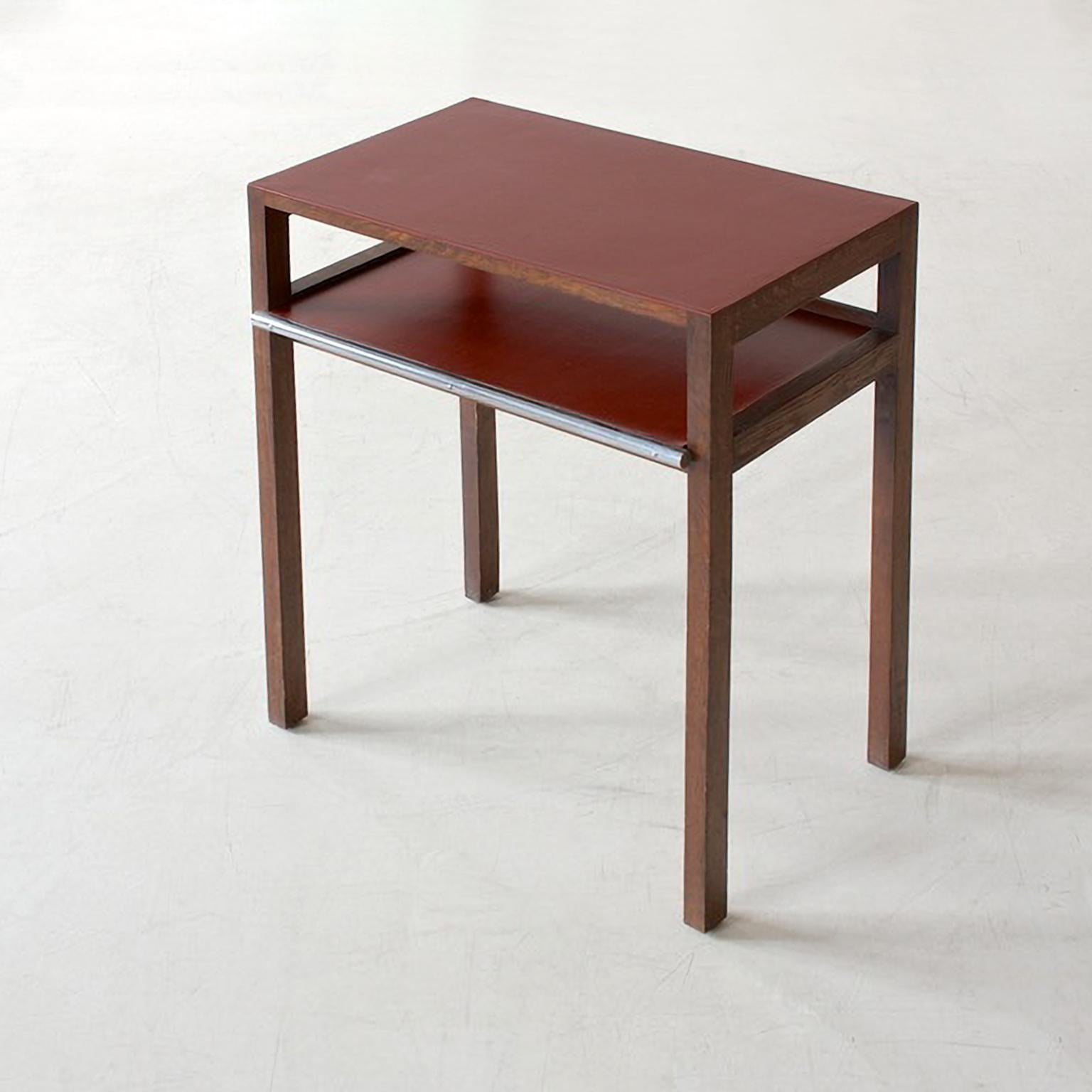 Bauhaus Modernist Side Table by Jindrich Halabala, Stained Oak Wood, Linoleum, 1930 For Sale