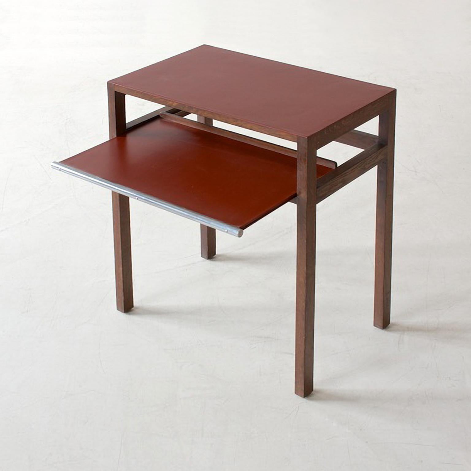 Czech Modernist Side Table by Jindrich Halabala, Stained Oak Wood, Linoleum, 1930 For Sale