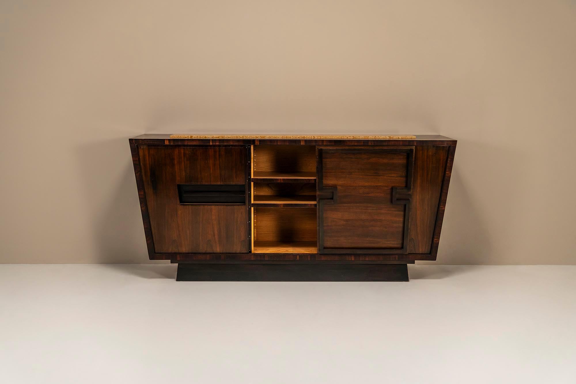 Travertine Modernist Sideboard In Studded Rosewood By Andre Sornay, France 1940s For Sale