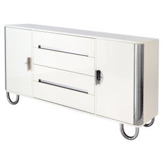 Modernist Sideboard With Doors And Drawers, Glossy Lacquered Wood, Customizable
