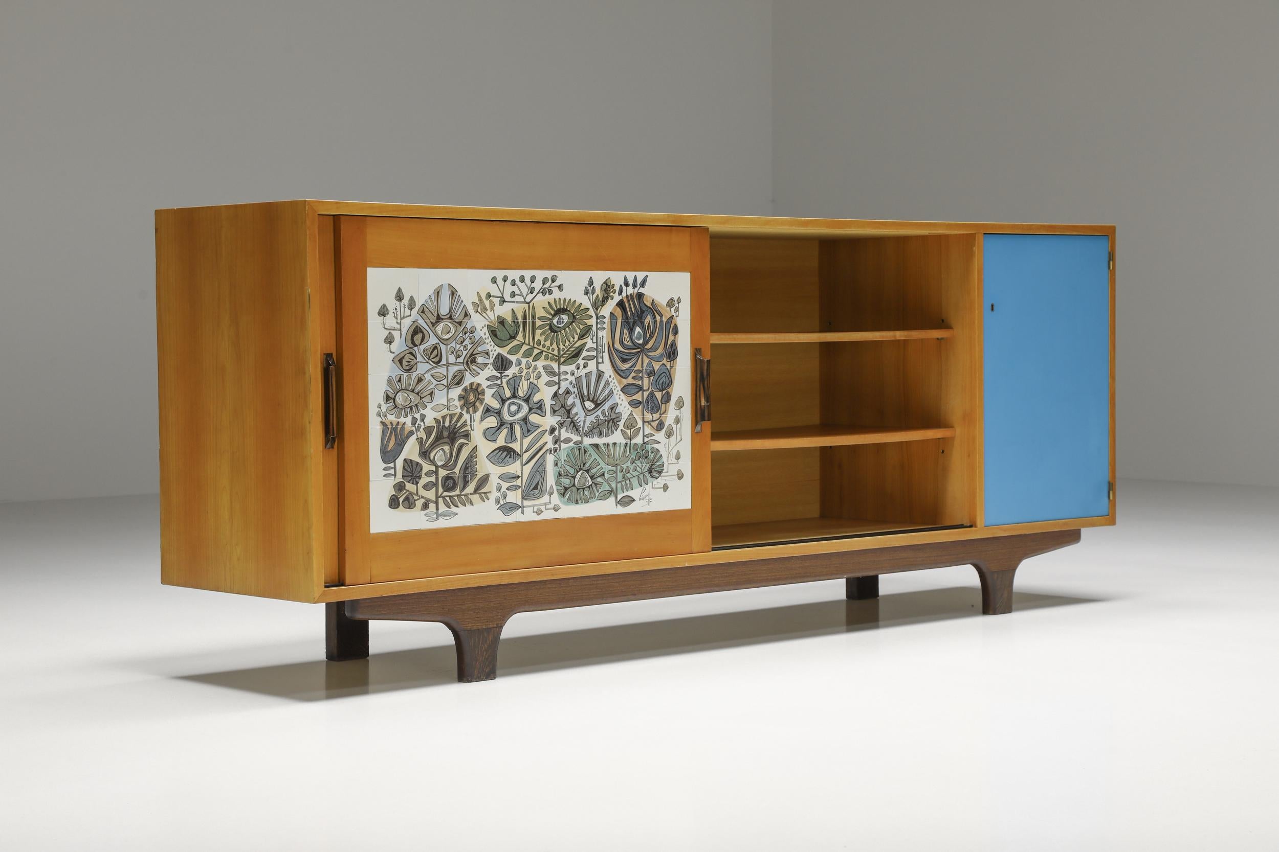 Willy Van Der Meeren; Charlotte Perriand; Alfred Hendrickx; Modernist; Sideboard; Perignem; Ceramic and Macassar; 1950s; Credenza; Belgium;

Midcentury modernist credenza with sliding doors from the 1950s, Belgium. The sideboard shows some very