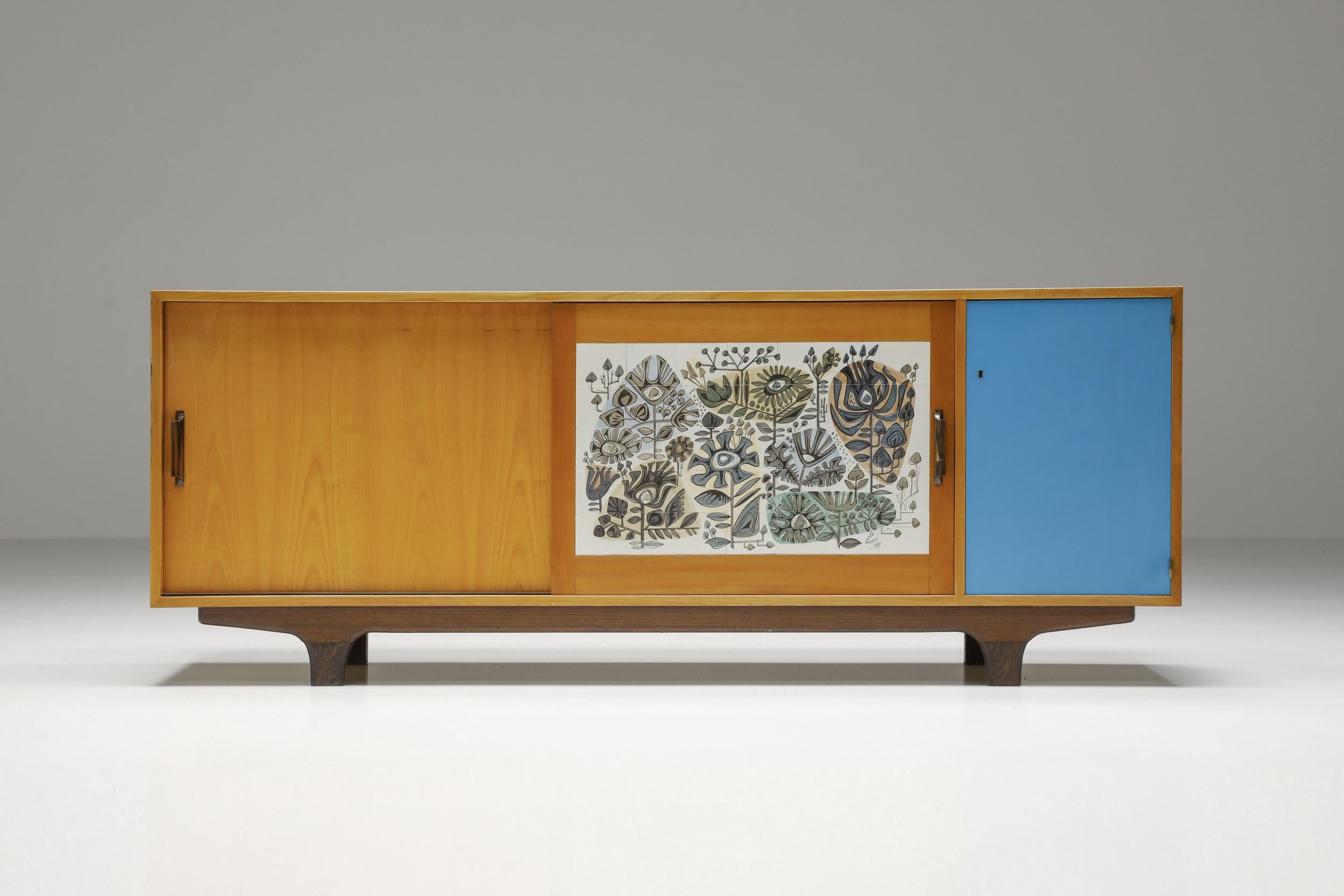 Belgian Modernist Sideboard with Perignem Ceramic and Macassar Details, 1950s