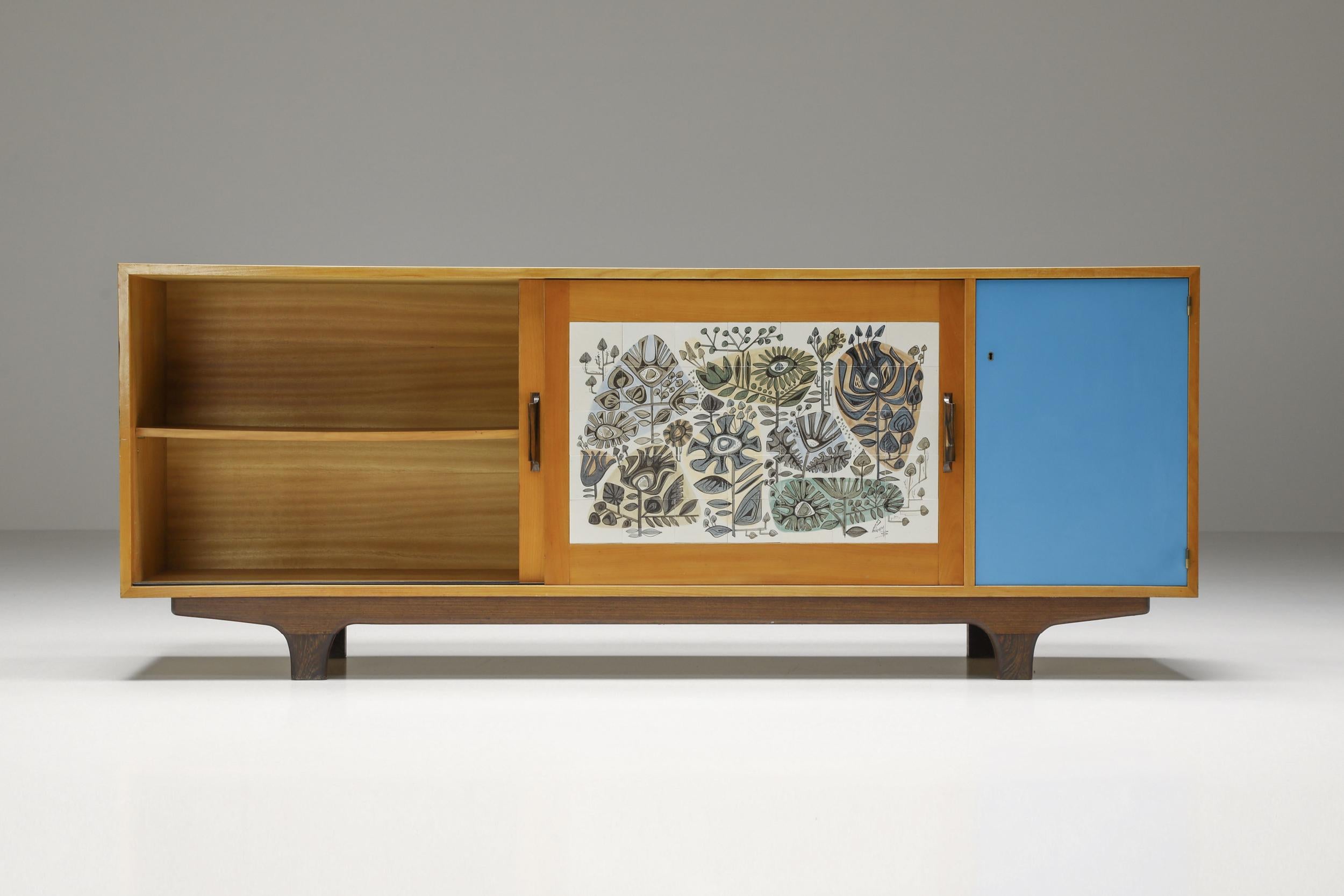 Modernist Sideboard with Perignem Ceramic and Macassar Details, 1950s In Excellent Condition In Antwerp, BE