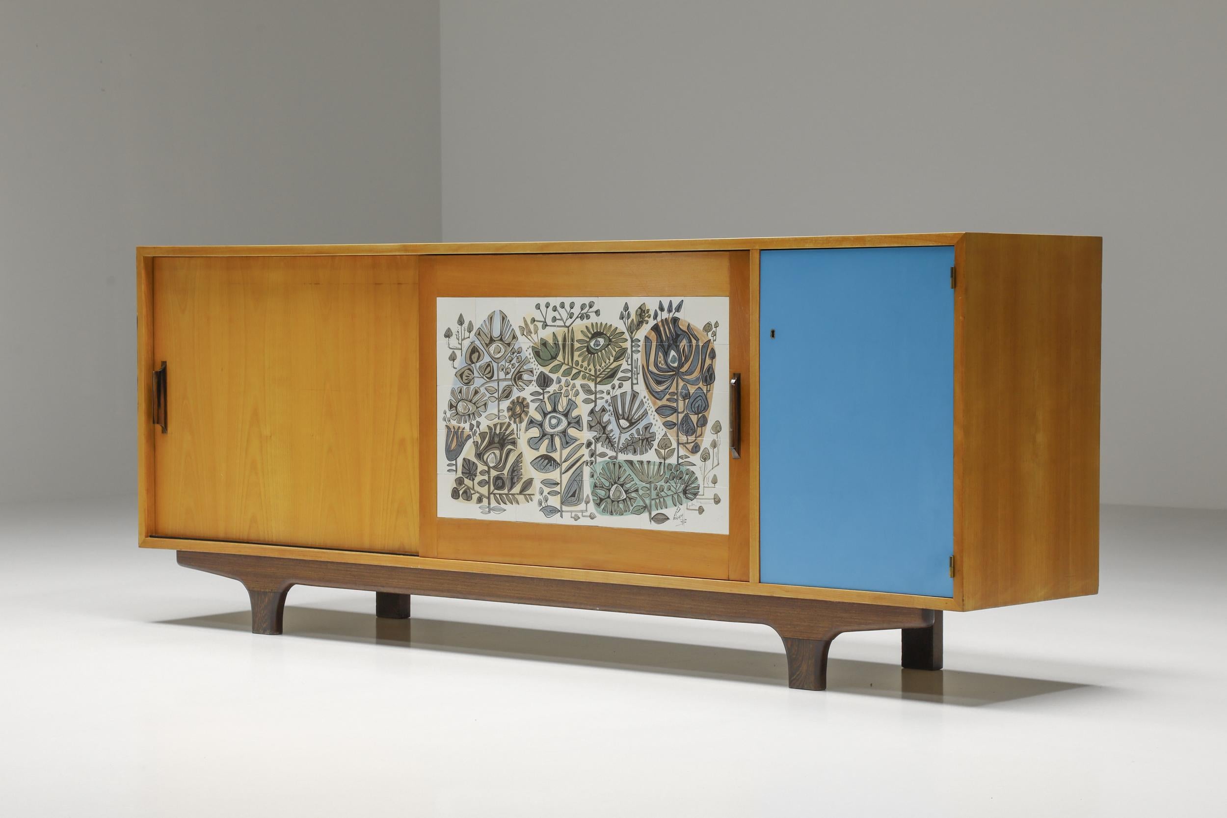 Mid-20th Century Modernist Sideboard with Perignem Ceramic and Macassar Details, 1950s