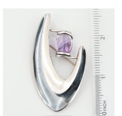 Modernist Sigi Pineda, Sterling Silver Amethyst Brooch, Taxco, Mexico-Hallmarked