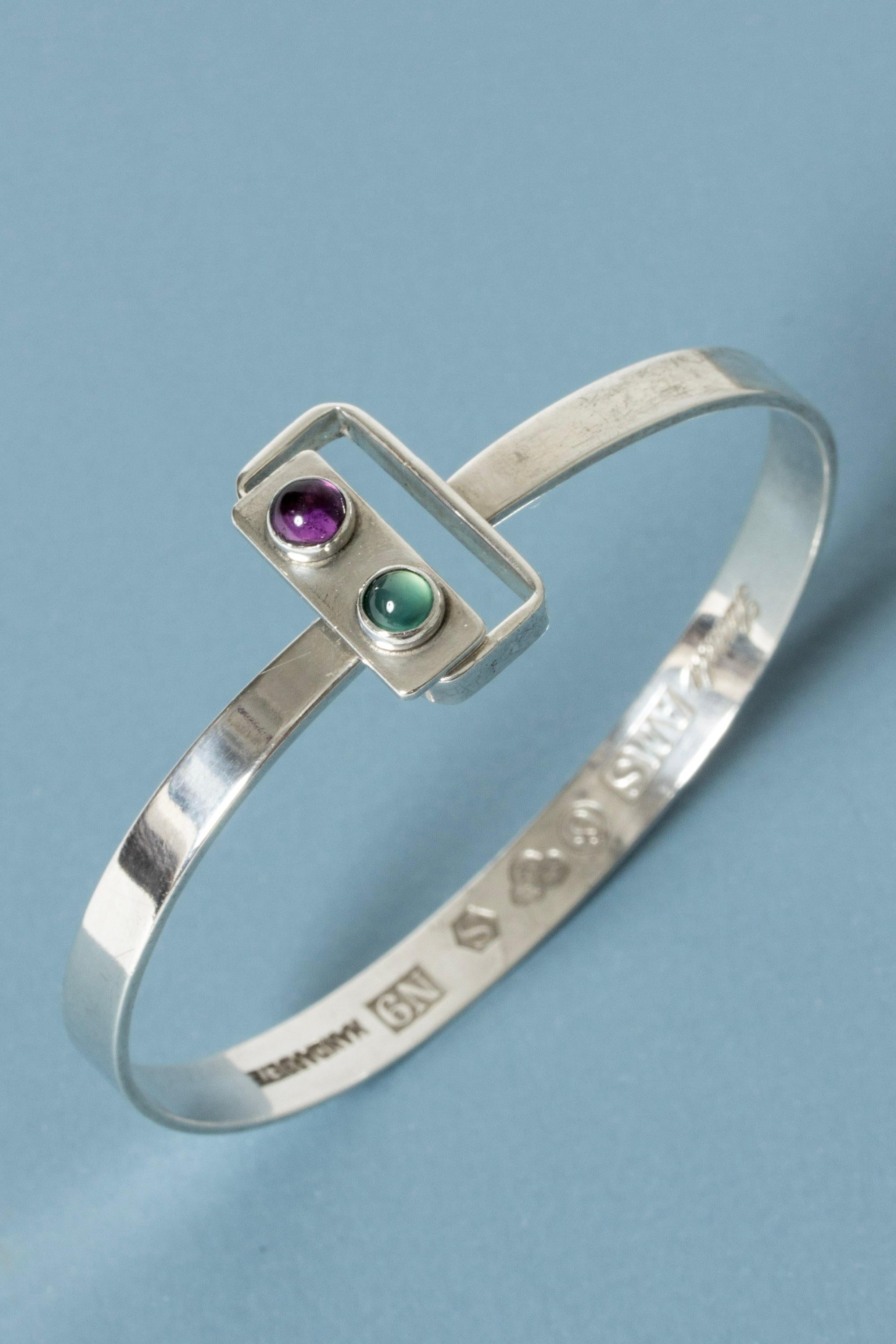 Round Cut Modernist Silver Bracelet with Amethyst and Tourmaline, Sweden, 1968