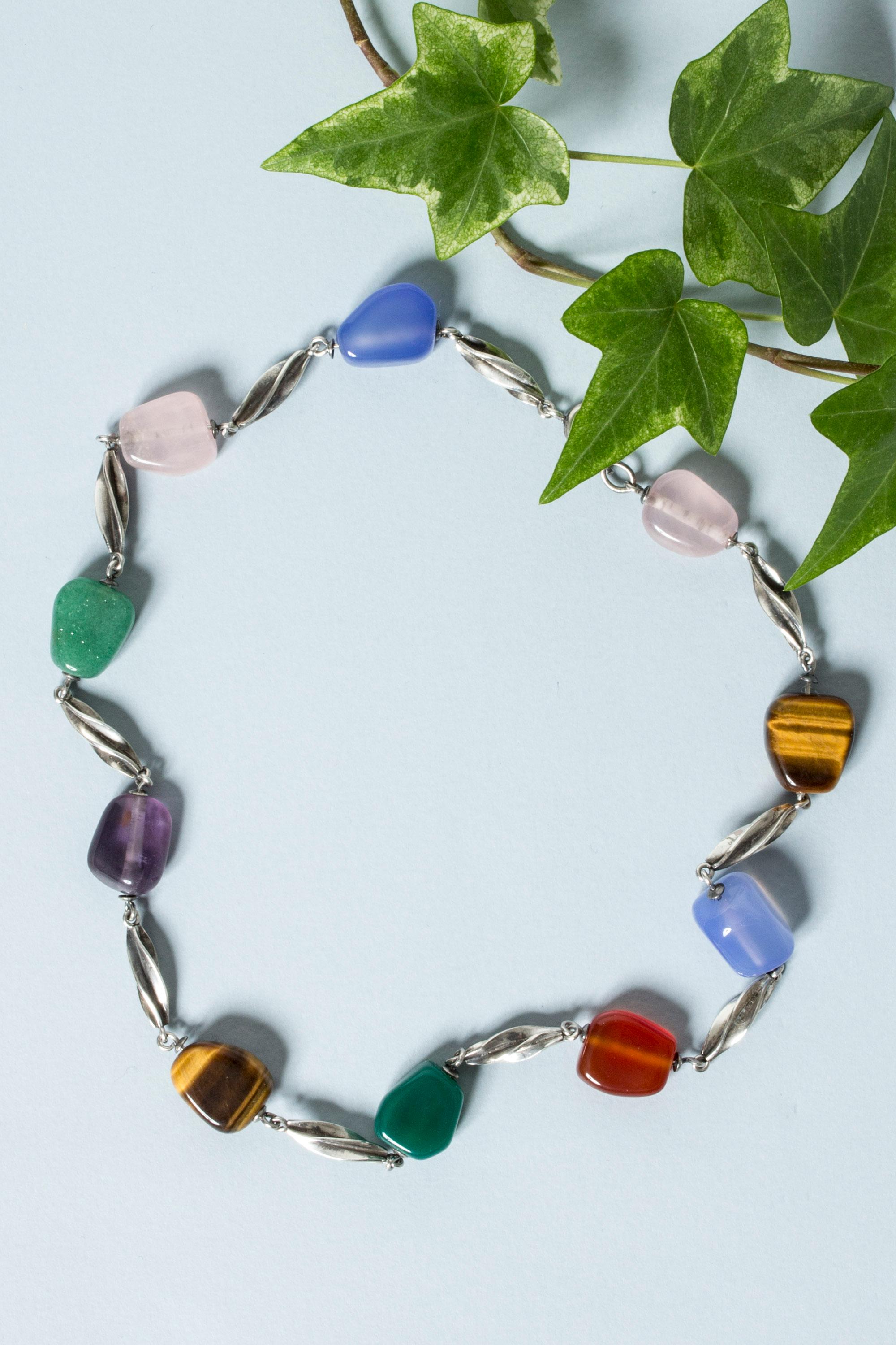 Tumbled Modernist Silver Collier with Semiprecious Stones, Sweden, 1960s