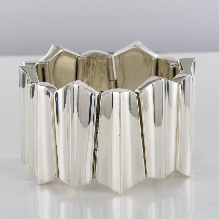 Modernist Silver Designer Cuff Bracelet For Sale 1
