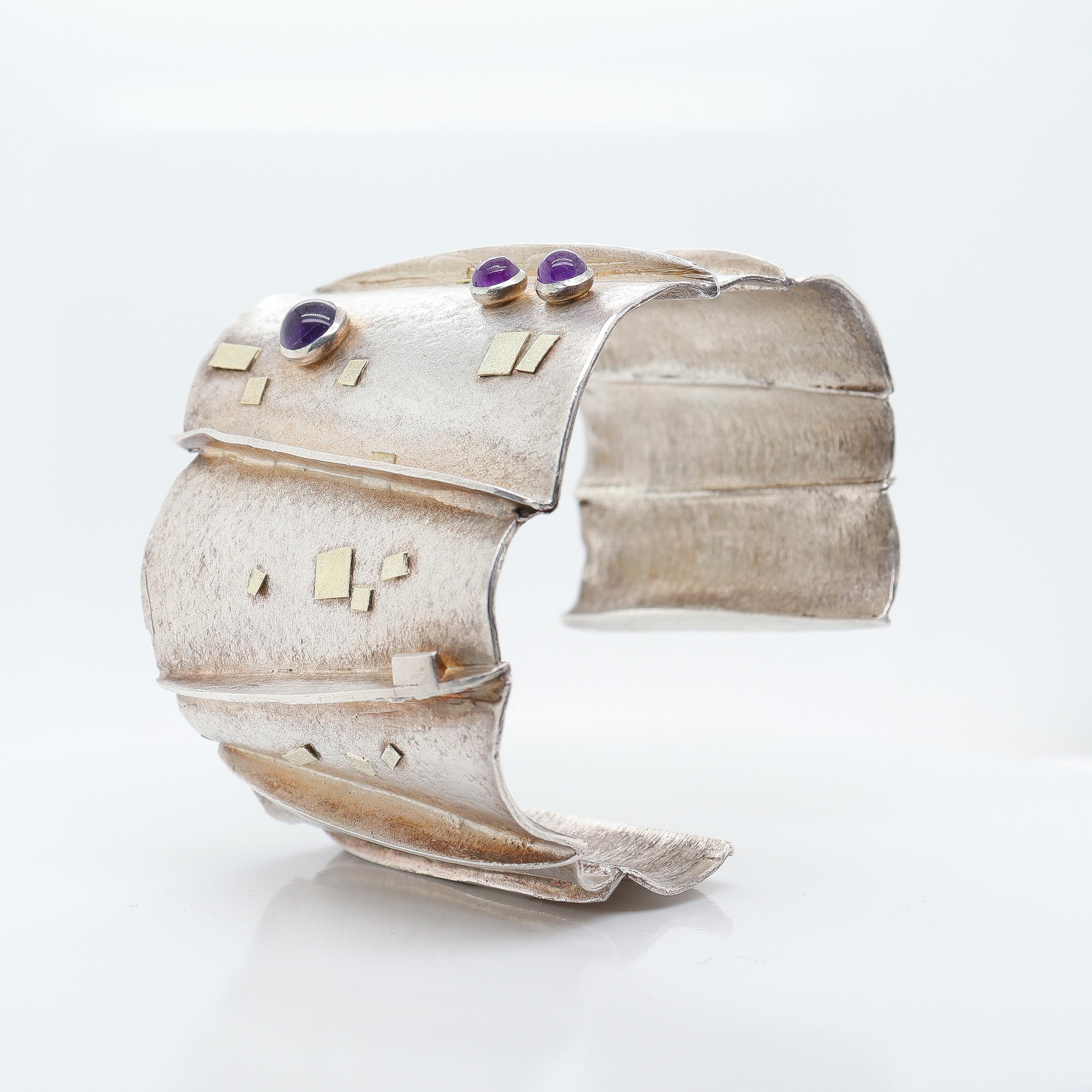 Modernist Silver, Gold, & Amethyst Cuff Bracelet Attributed to Enid Kaplan For Sale 4