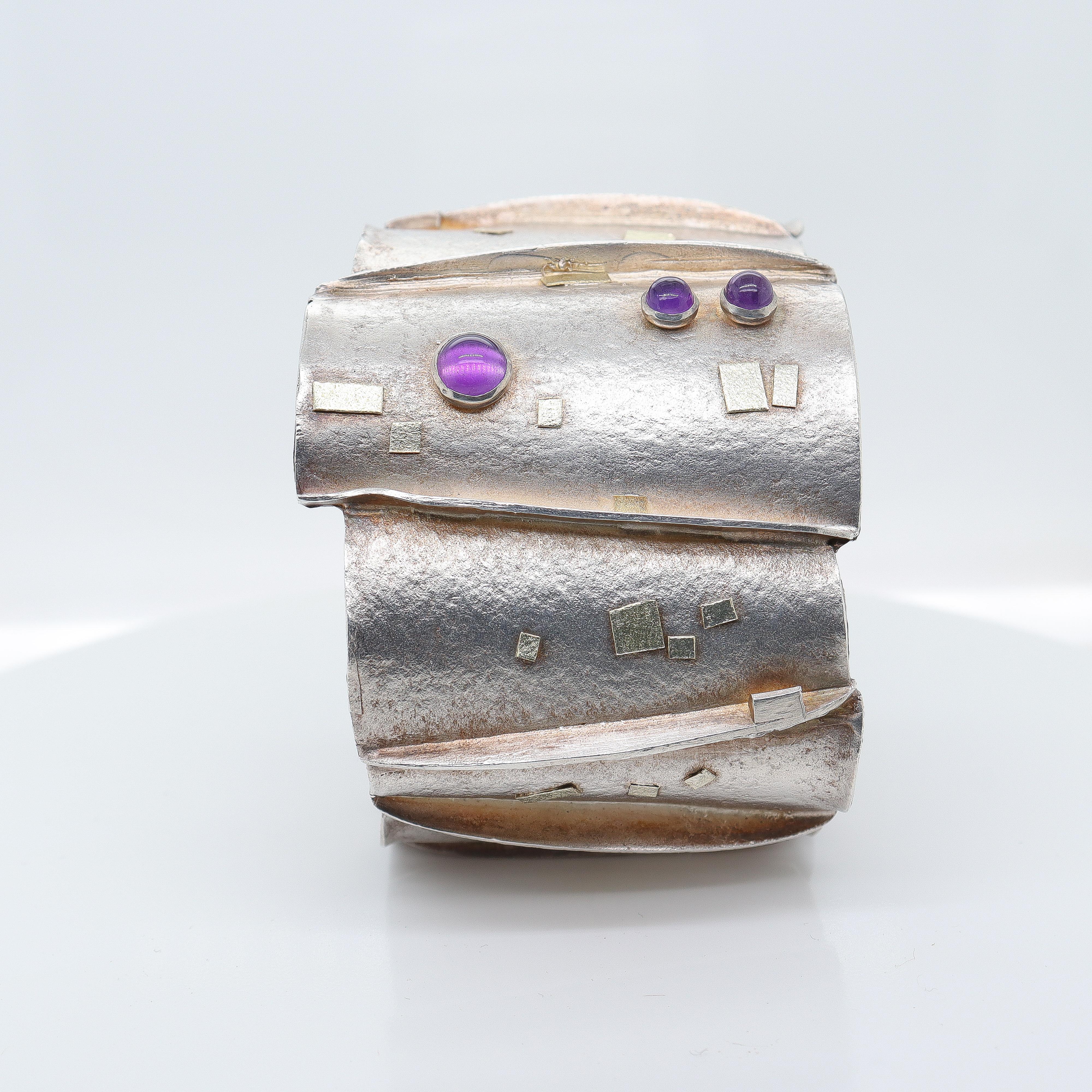 Modernist Silver, Gold, & Amethyst Cuff Bracelet Attributed to Enid Kaplan For Sale 5
