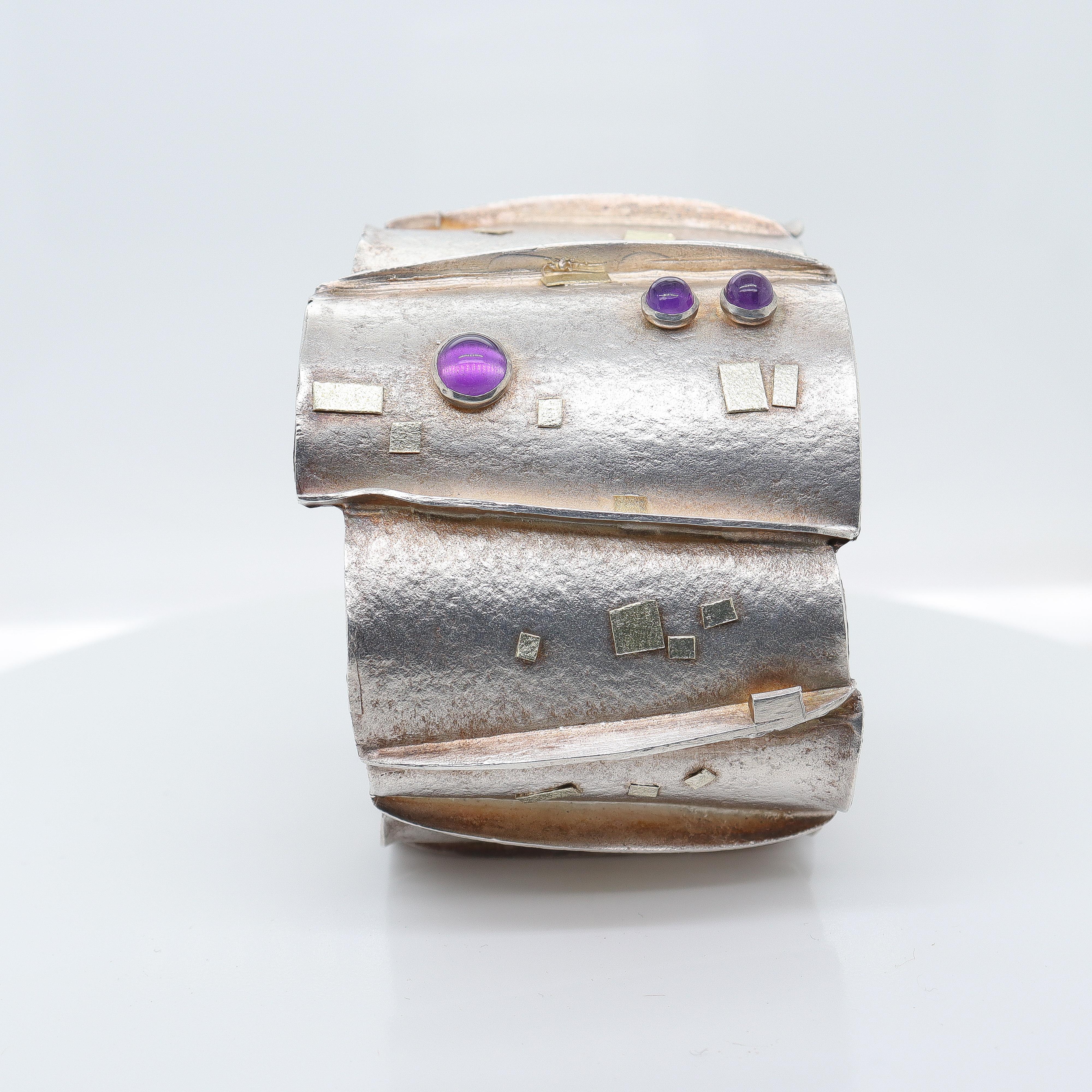 Bracciale modernista in argento, oro e ametista attribuito a Enid Kaplan in vendita 5