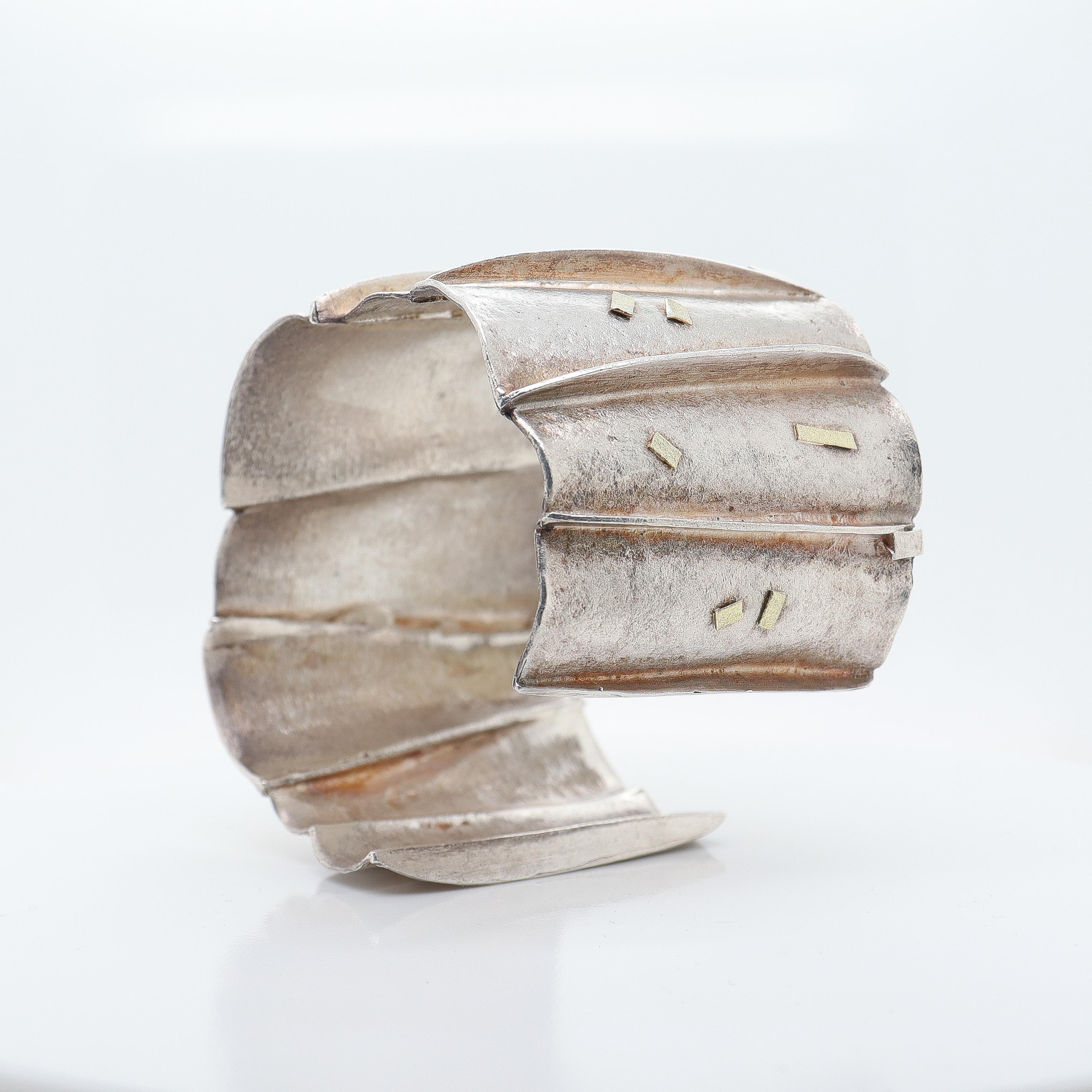 Modernist Silver, Gold, & Amethyst Cuff Bracelet Attributed to Enid Kaplan For Sale 6