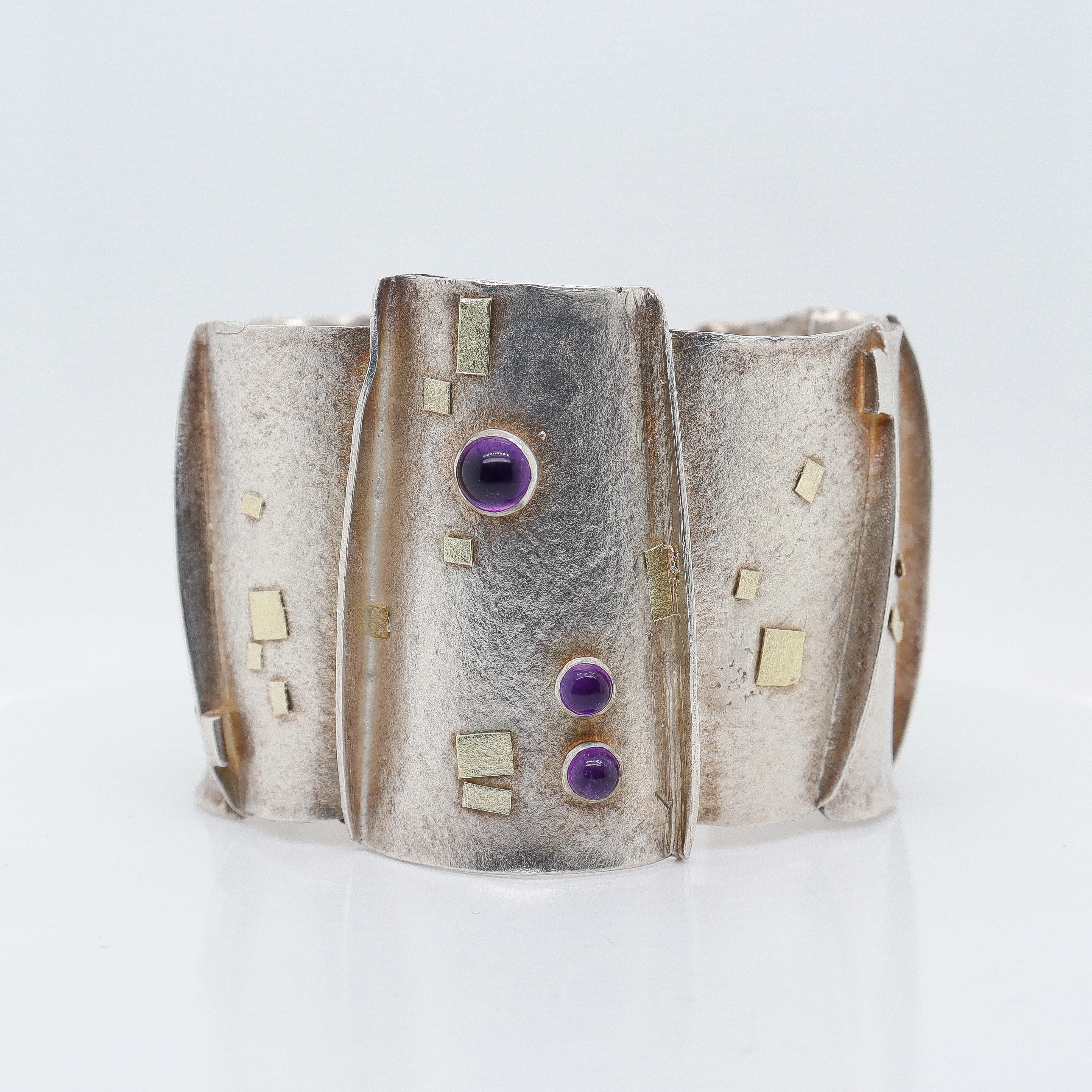 Modernista Bracciale modernista in argento, oro e ametista attribuito a Enid Kaplan in vendita