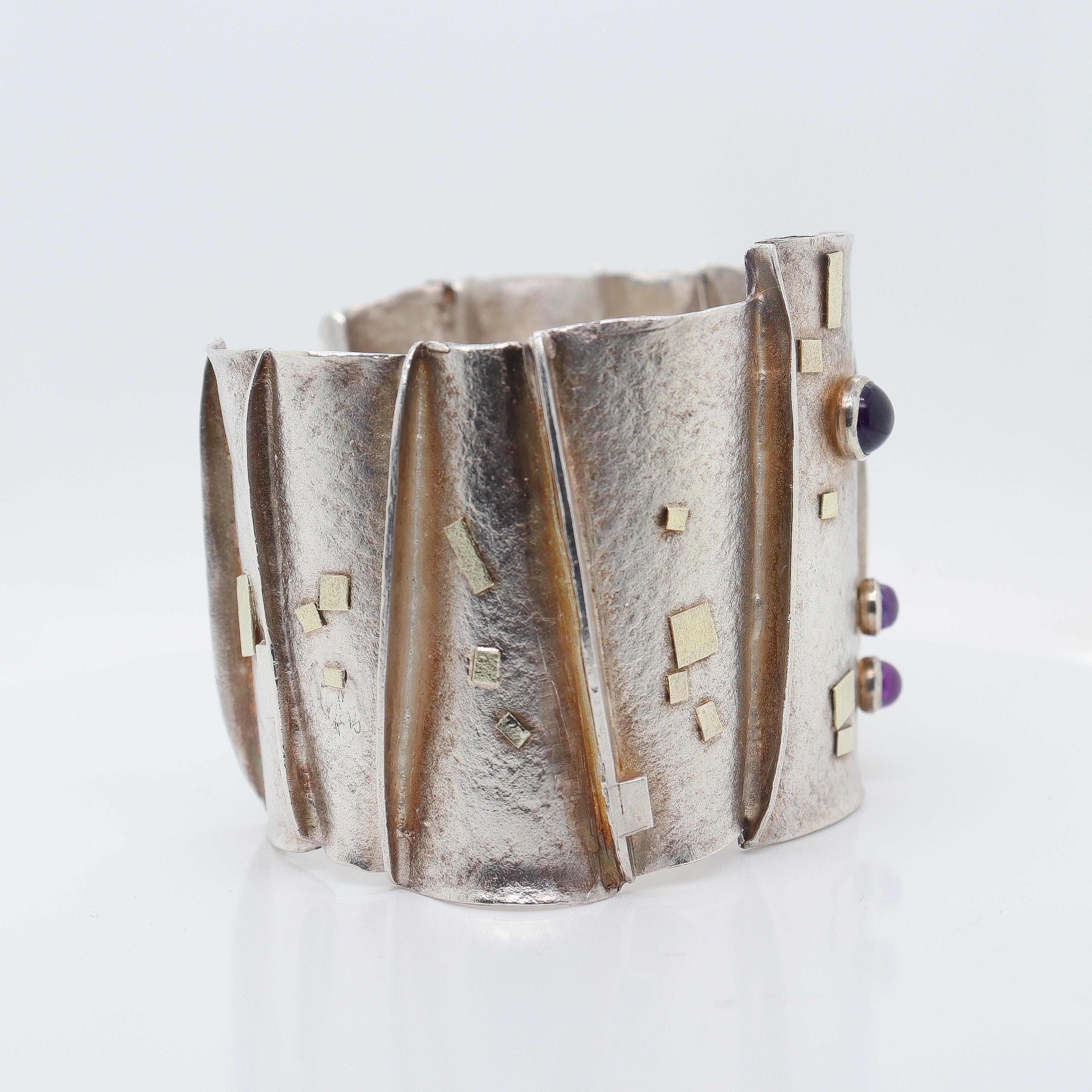 Cabochon Modernist Silver, Gold, & Amethyst Cuff Bracelet Attributed to Enid Kaplan For Sale