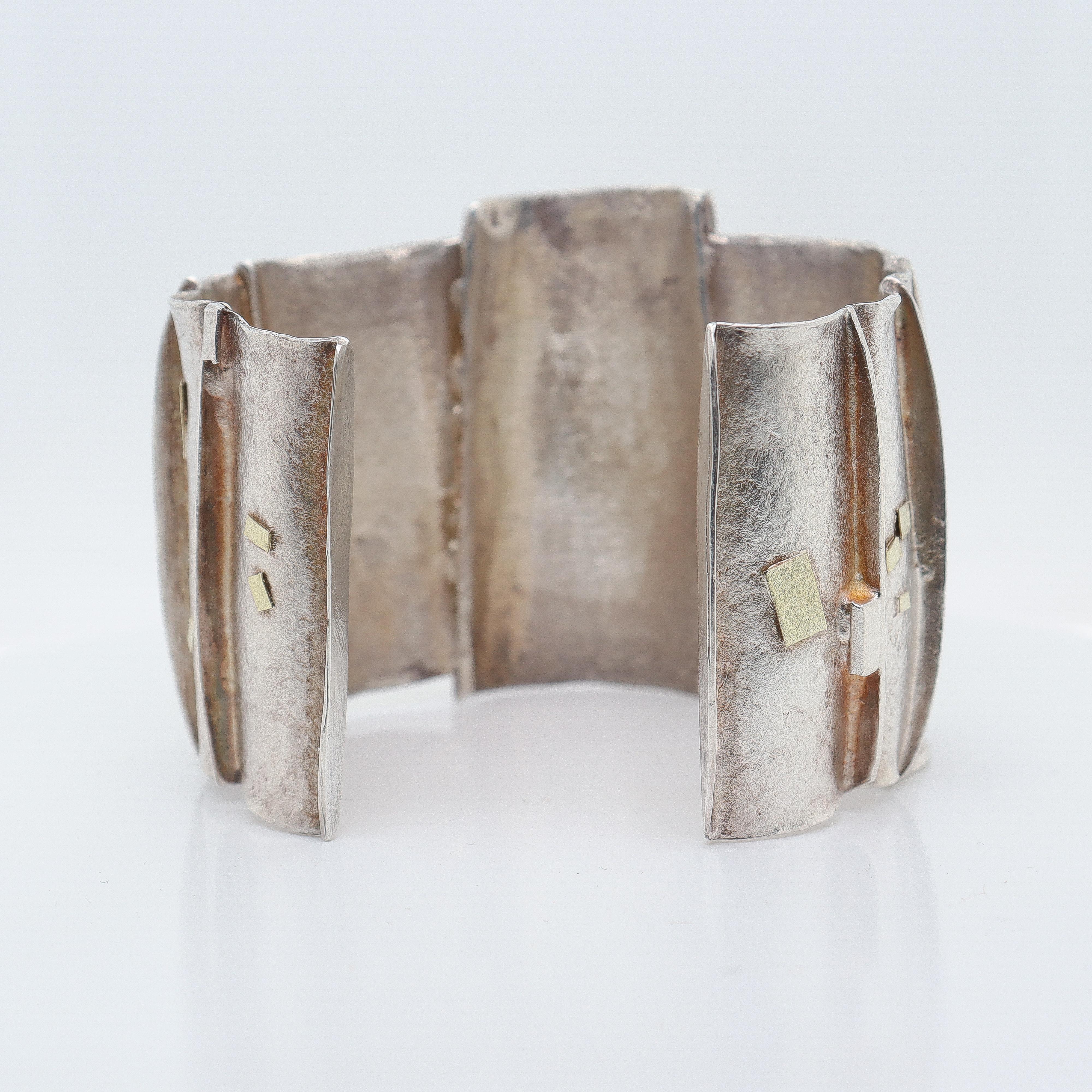 Modernist Silver, Gold, & Amethyst Cuff Bracelet Attributed to Enid Kaplan In Good Condition For Sale In Philadelphia, PA