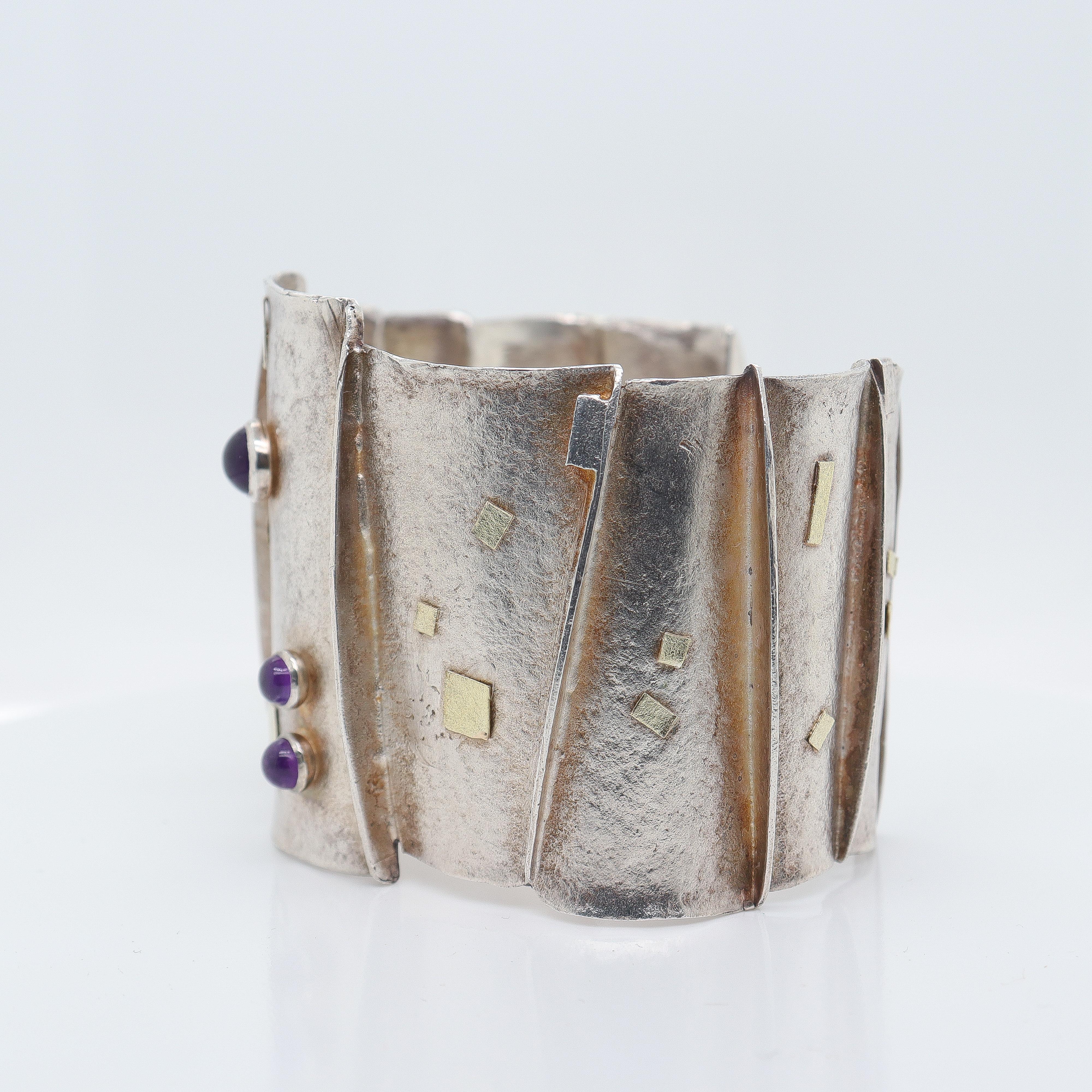 Women's Modernist Silver, Gold, & Amethyst Cuff Bracelet Attributed to Enid Kaplan For Sale