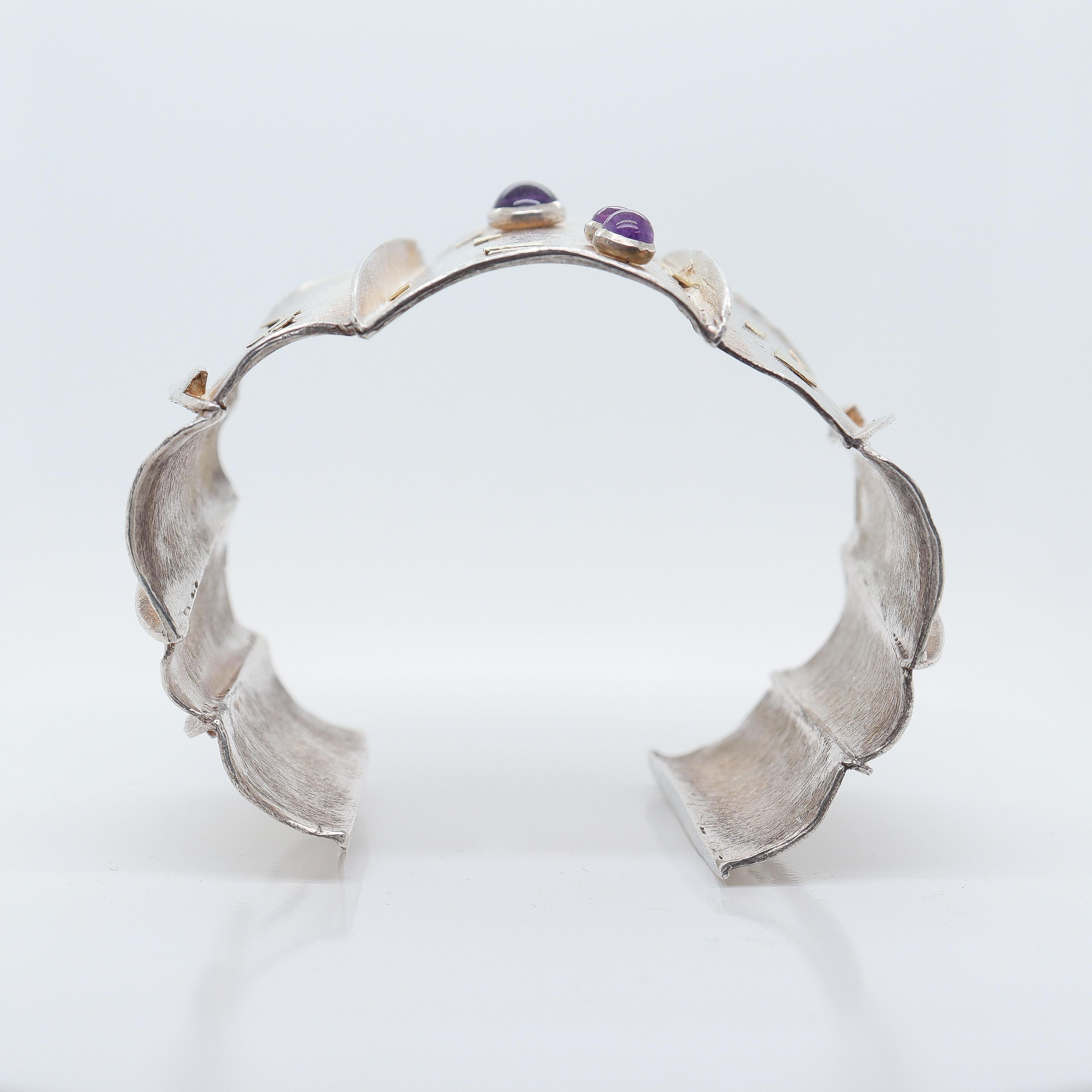 Modernist Silver, Gold, & Amethyst Cuff Bracelet Attributed to Enid Kaplan For Sale 1