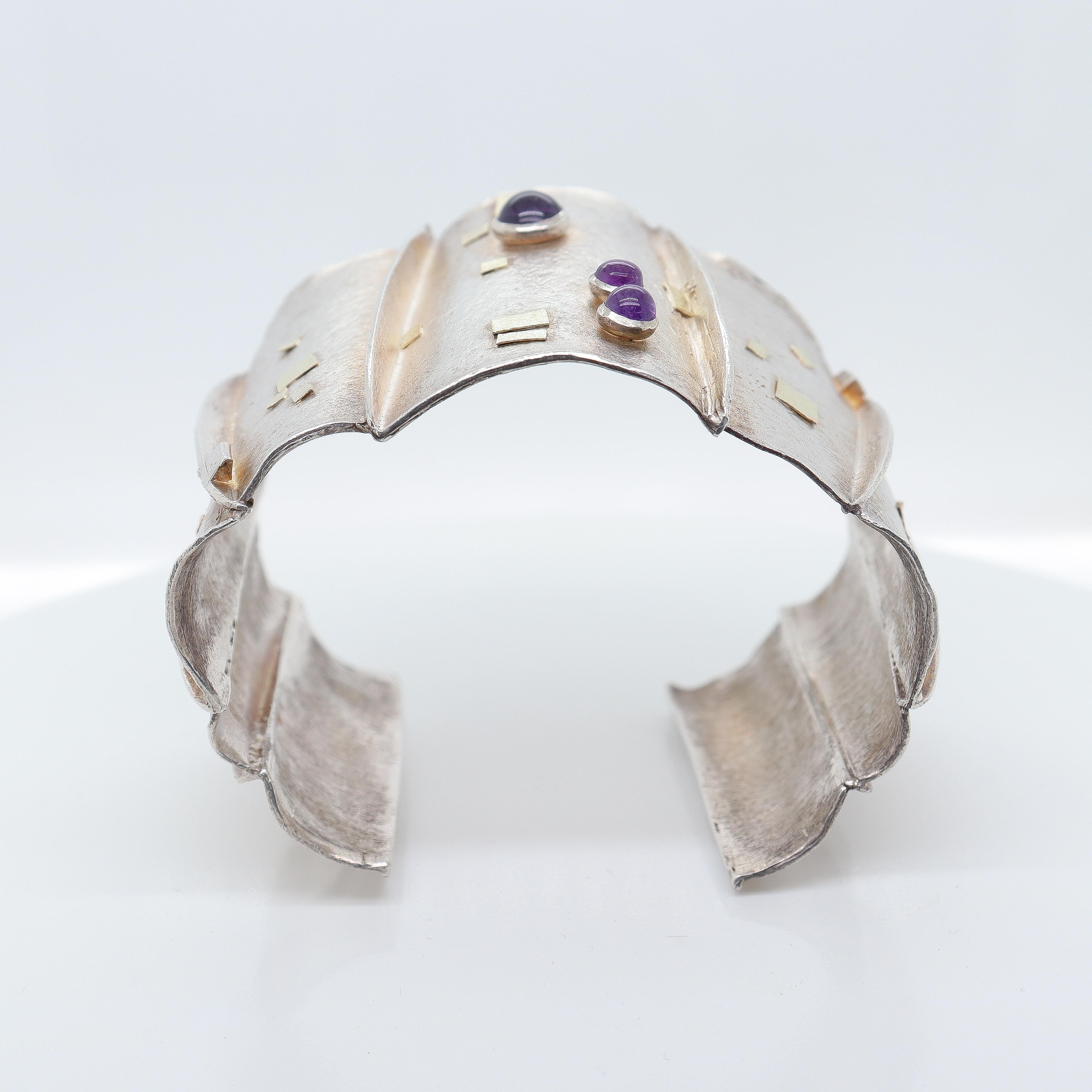 Modernist Silver, Gold, & Amethyst Cuff Bracelet Attributed to Enid Kaplan For Sale 2