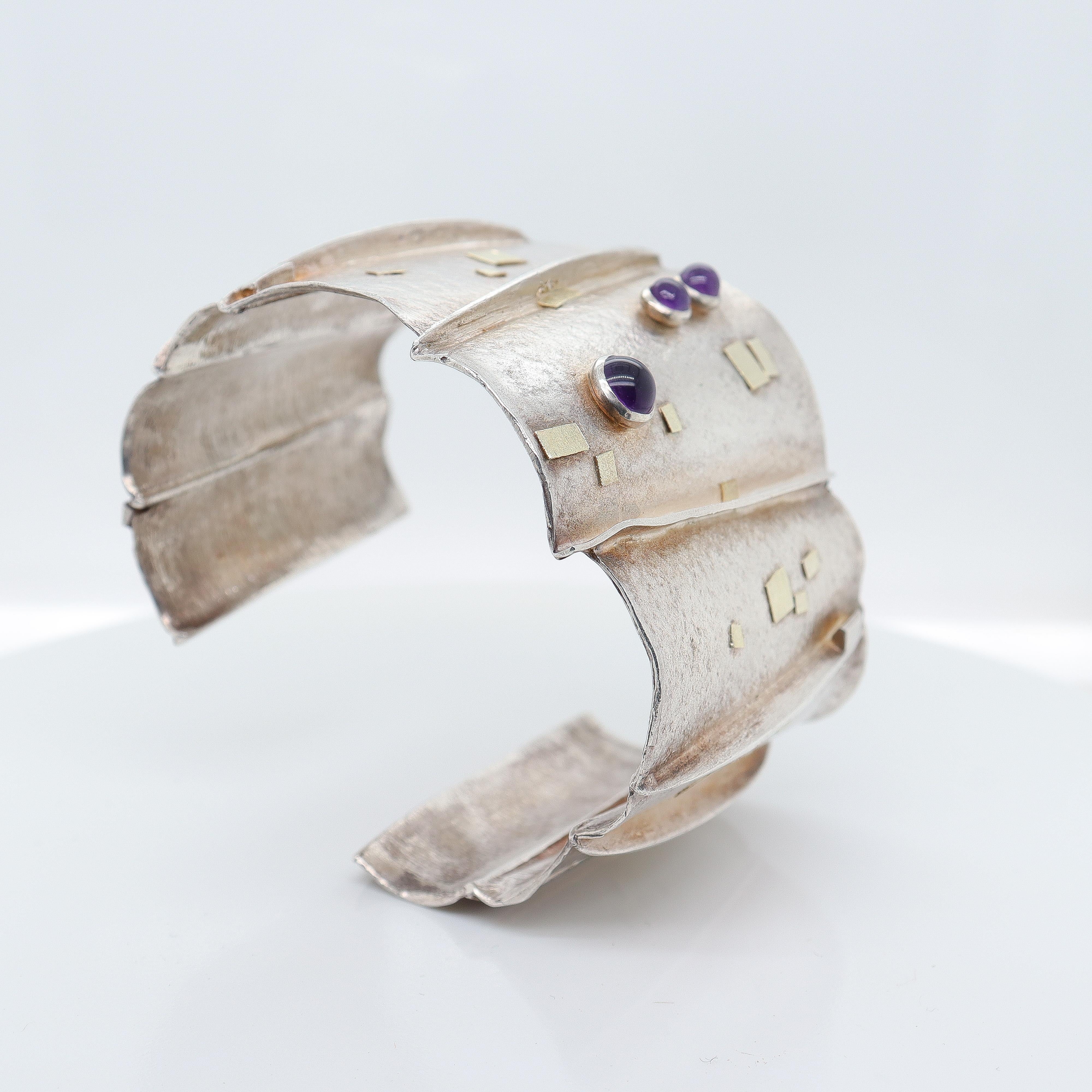 Modernist Silver, Gold, & Amethyst Cuff Bracelet Attributed to Enid Kaplan For Sale 3