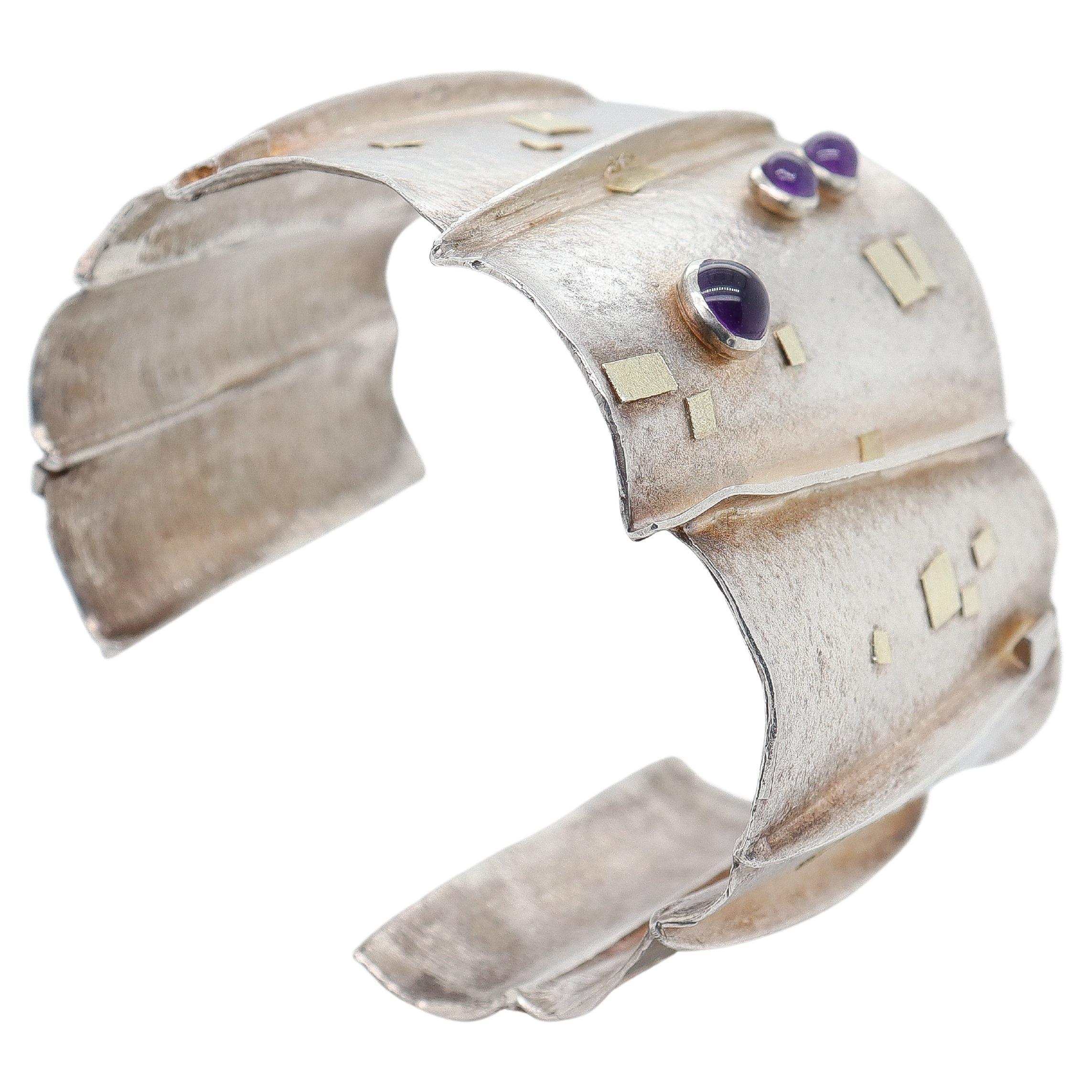 Modernist Silver, Gold, & Amethyst Cuff Bracelet Attributed to Enid Kaplan For Sale