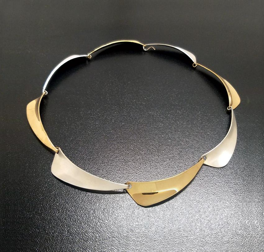 Modernist Silver Gold Neckpiece, Vintage Gerhard Herbst Studio Collar .This Modernist neck piece is hand constructed from eight individually hand forged Sterling Silver components. Select elements are then gold plated to achieve the striking silver