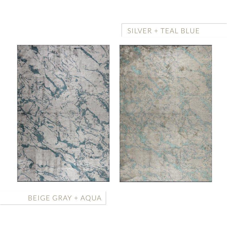 Coton Tapis semi-pelucheux moderniste gris argenté et bleu sarcelle à motif de marbre abstrait en vente
