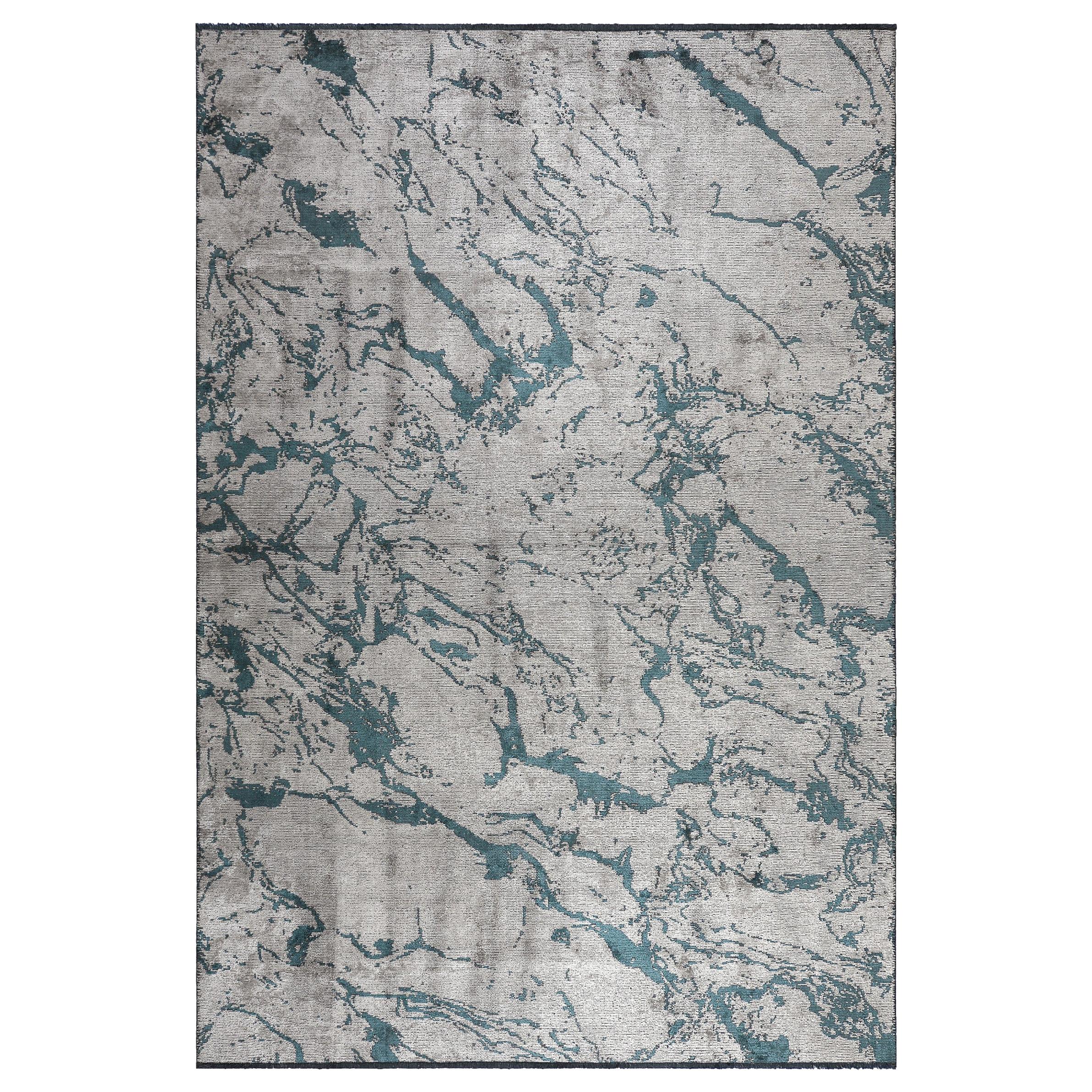 Modernist Silver Gray and Teal Abstract Marble Design Soft Semi-Plush Rug