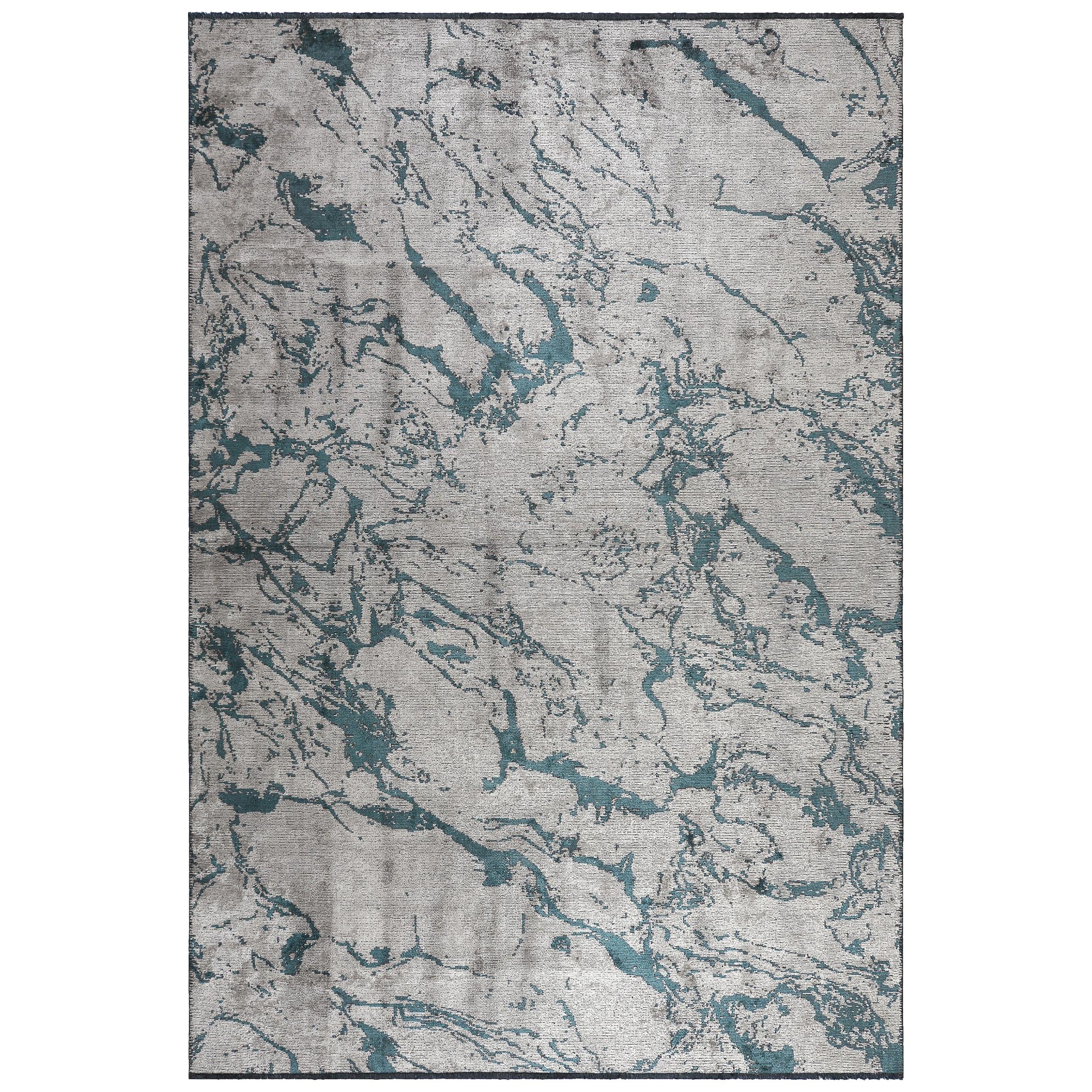 Modernist Silver Gray and Teal Abstract Marble Design Soft Semi-Plush Rug For Sale
