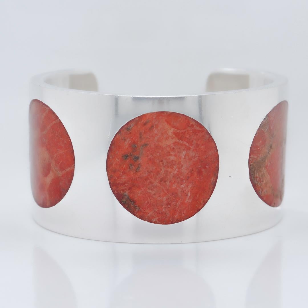 Modernist Silver & Inlaid Red Marble Polka Dot Cuff Bracelet In Good Condition For Sale In Philadelphia, PA