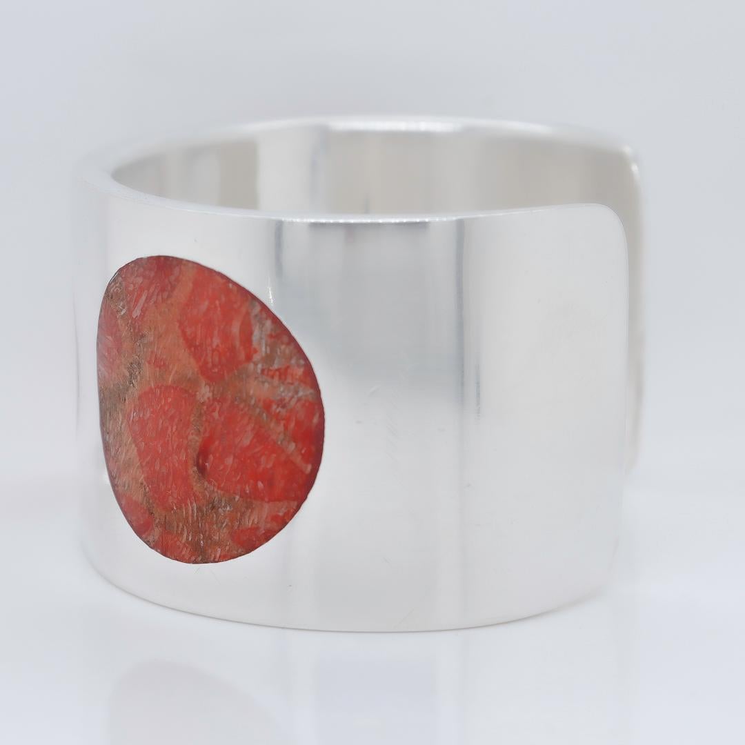 Modernist Silver & Inlaid Red Marble Polka Dot Cuff Bracelet For Sale 1